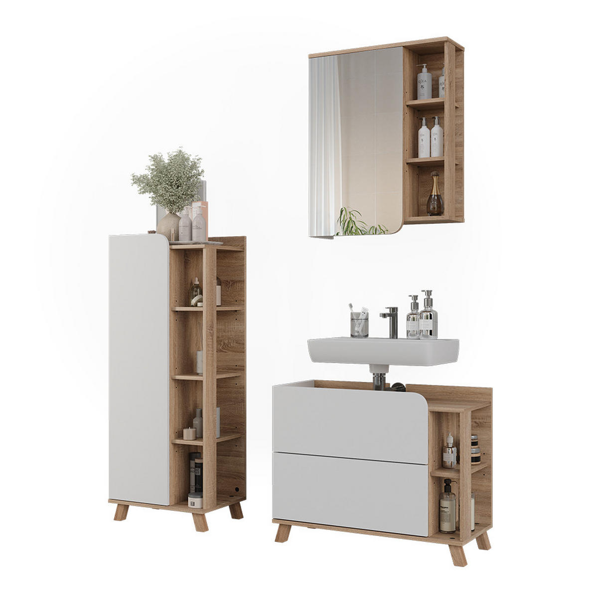 BADMÖBEL-SET Karen, Weiß/Sonoma, 3-teilig - Weiß/Sonoma Eiche, Holzwerkstoff (80/65/35cm) - Vicco