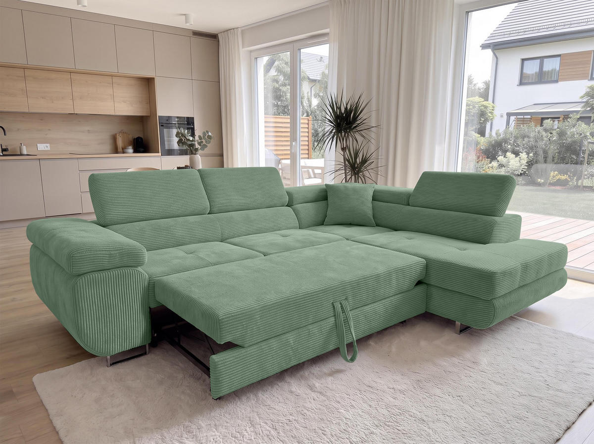 ECKSOFA L Form Konak Salbeigrün 276/201/90 cm Rechts mit Schlaffunktion - Salbeigrün/Silberfarben, Textil/Metall (276/203cm) - AX Living