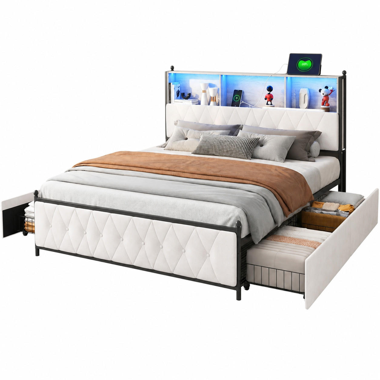 DOPPELBETT 160/200 cm Samt mit LED Schubladen und Ladestation - Beige, Holz (160/200cm) - PARAFTA HOME