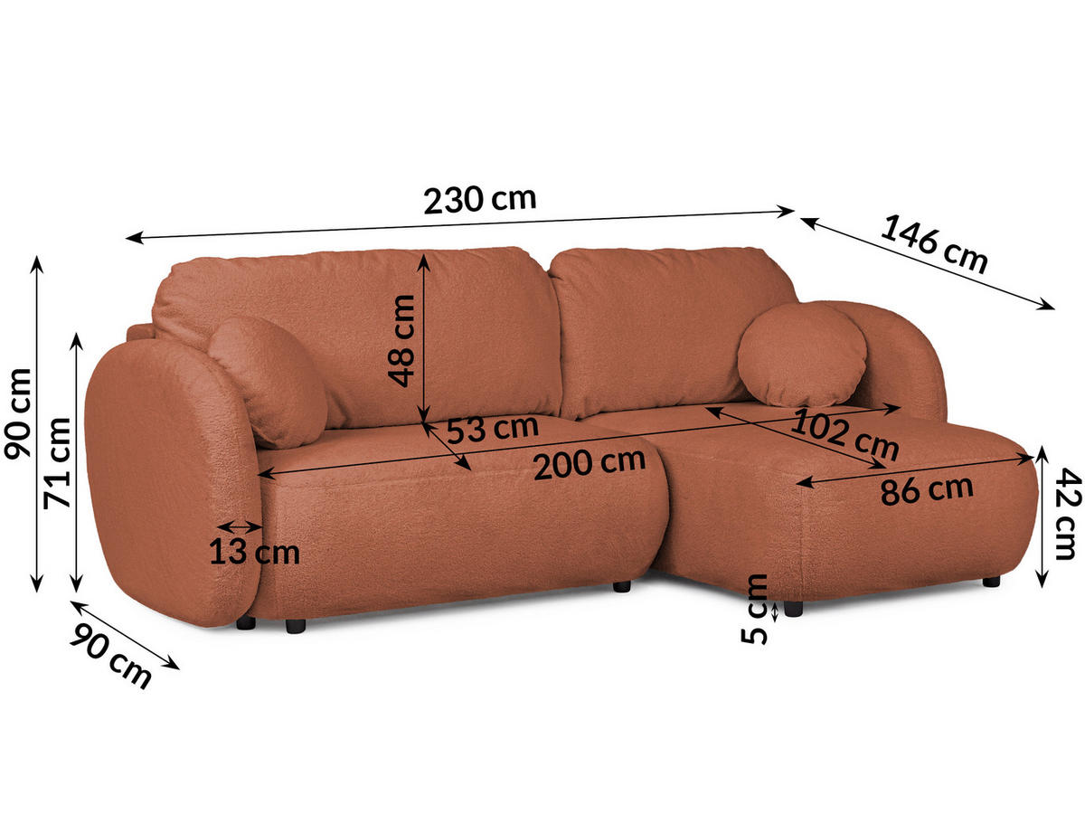 ECKSOFA Candy mit Schlaffunktion Terrakotta Bouclé-Stoff - Ottomane rechts - Terra cotta/Schwarz, Holz/Kunststoff (146/230cm) - S-Style Möbel