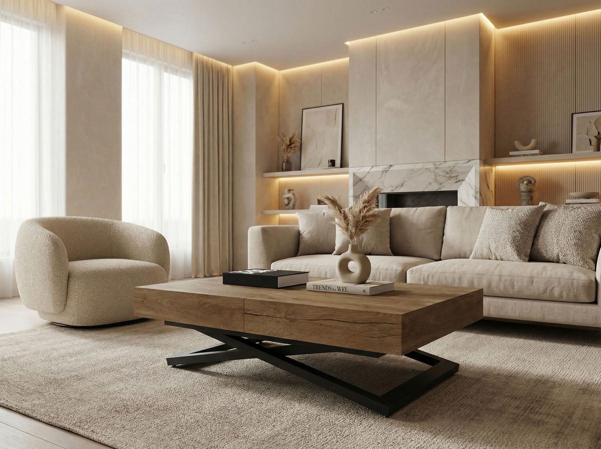 COUCHTISCH Cavetta U höhenverstellbar ausziehbar, Lefkas Eiche 120-200/80/27-76 cm - Alteiche/Schwarz, Holzwerkstoff/Metall (80/120/76cm) - WFL GROUP