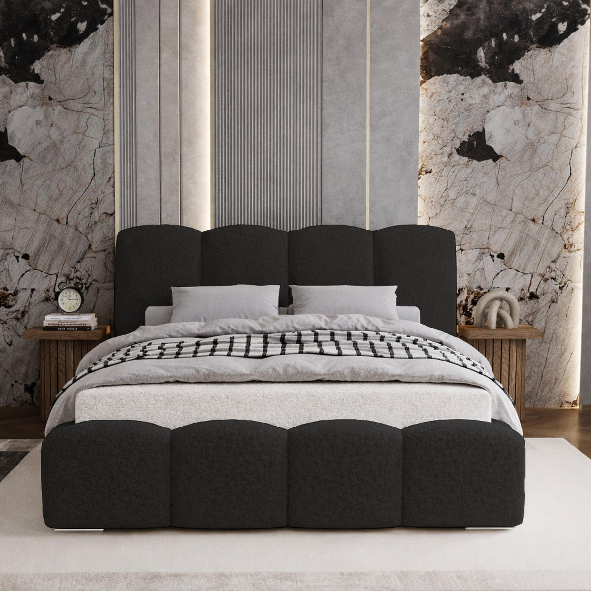 POLSTERBETT 200x200 cm Zenna Boucle mit Bettkasten, Lattenrost, Schwarz - Schwarz, Holz/Textil (200/200cm) - Emporius