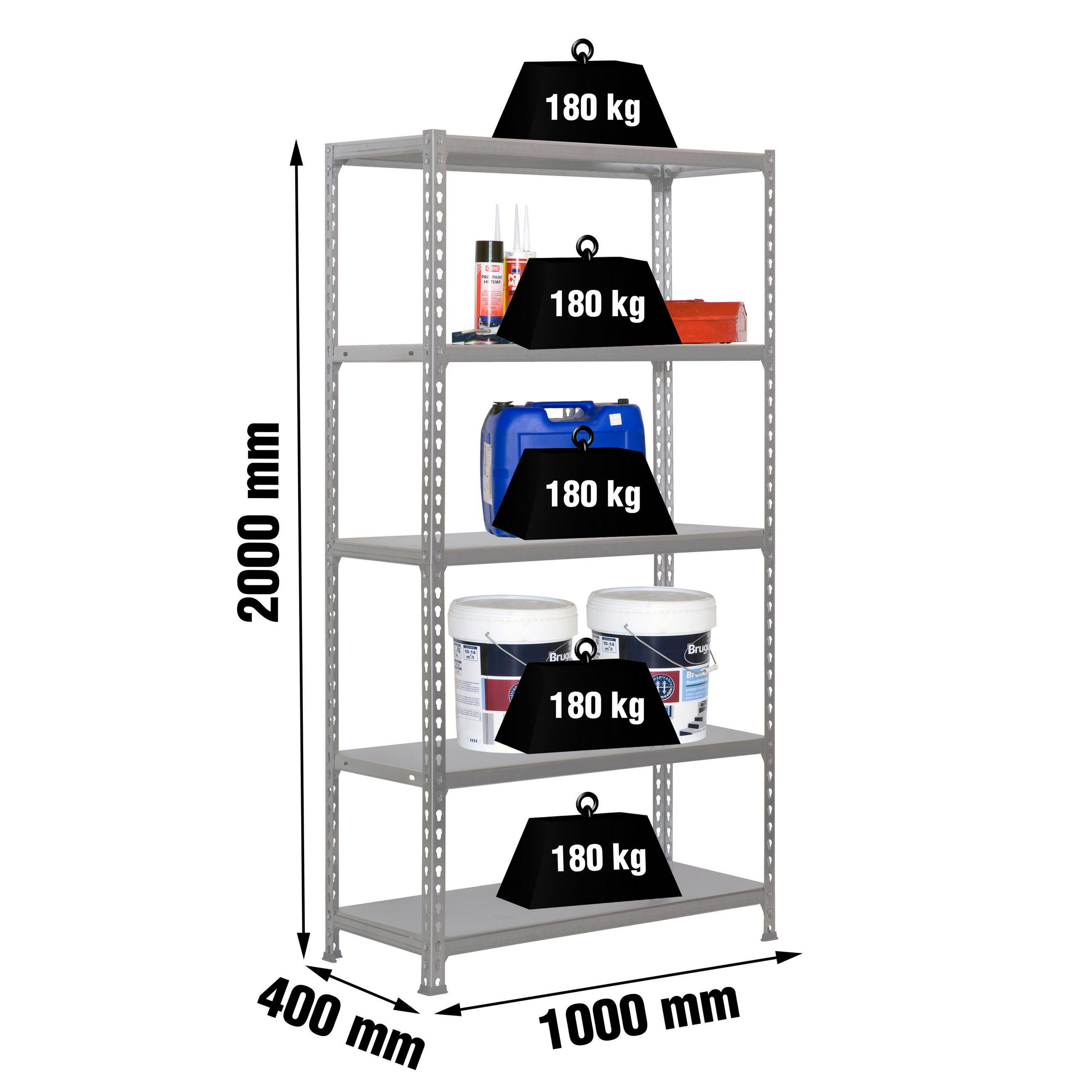 SCHWERLASTREGAL Big Metal Shark HxBxT 200 x 100 x 40 cm Fachlast 180 kg Grau - Grau, Metall (100/200/40cm) - PROREGAL