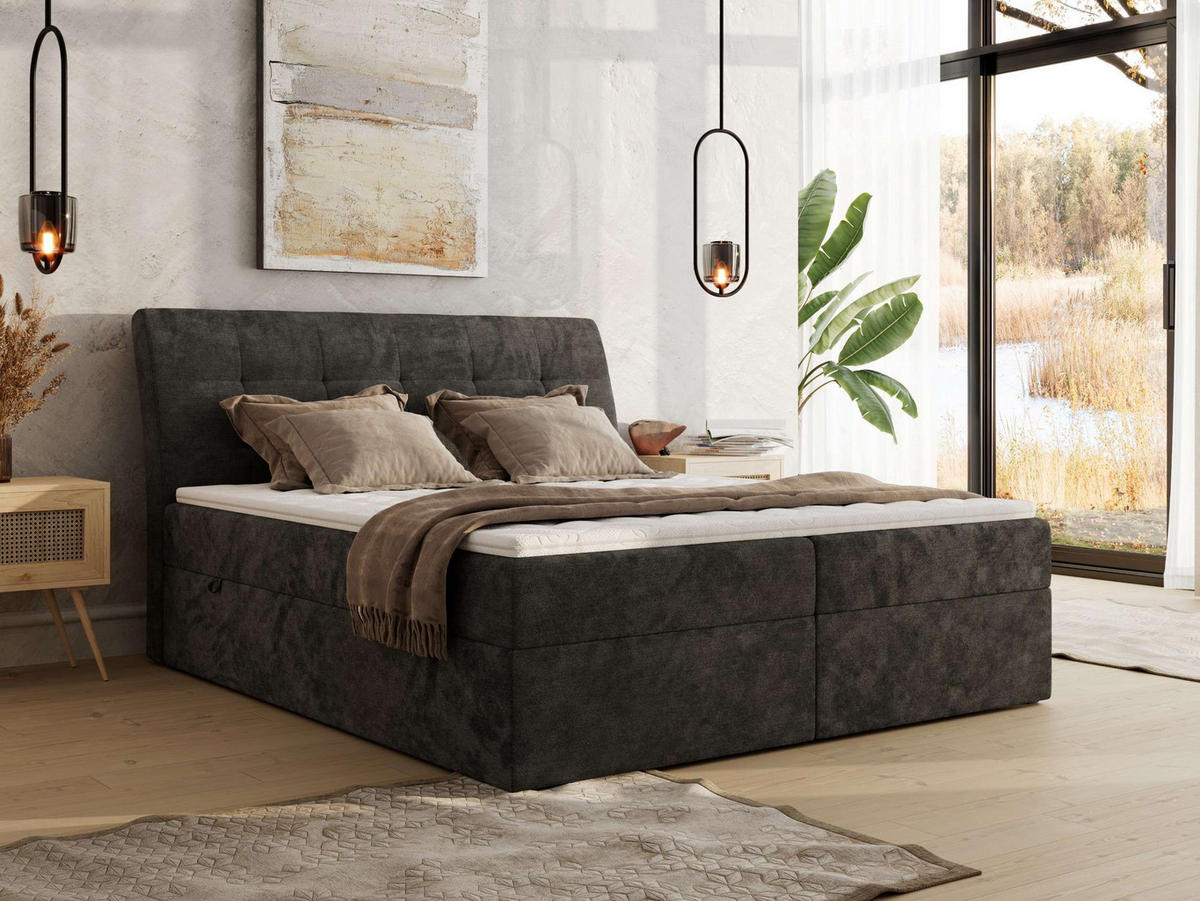 BOXBETT DAGOS 160/200 - Dunkelgrau Schenille glatt - H3 - Topper T25 - Dunkelgrau, Textil (160/200cm) - MKS