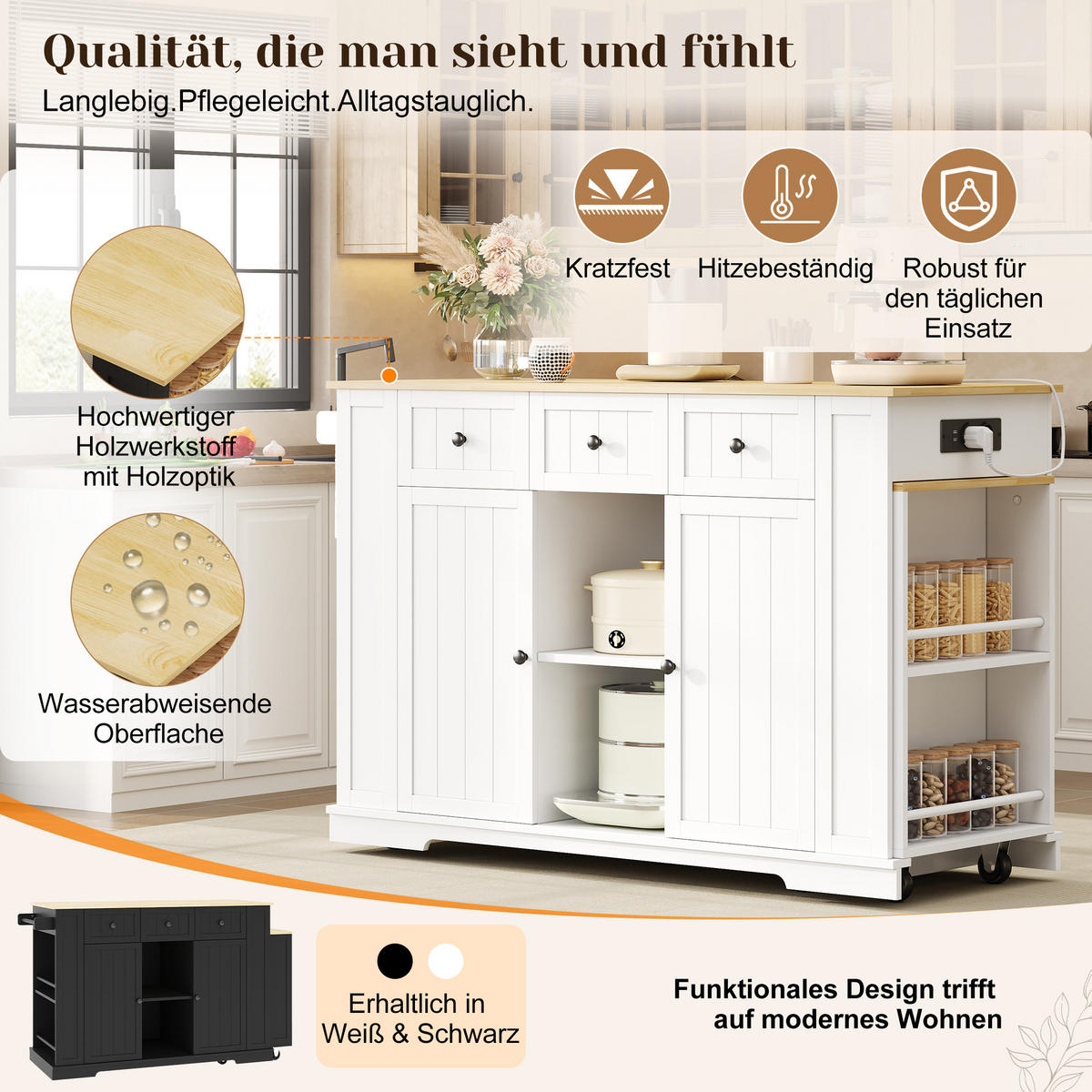 KÜCHENINSEL DE-41367 138-213/55/93 cm, ausziehbarer Esstisch Weiß - Weiß, Holzwerkstoff (138/93/55cm) - ComfortXL