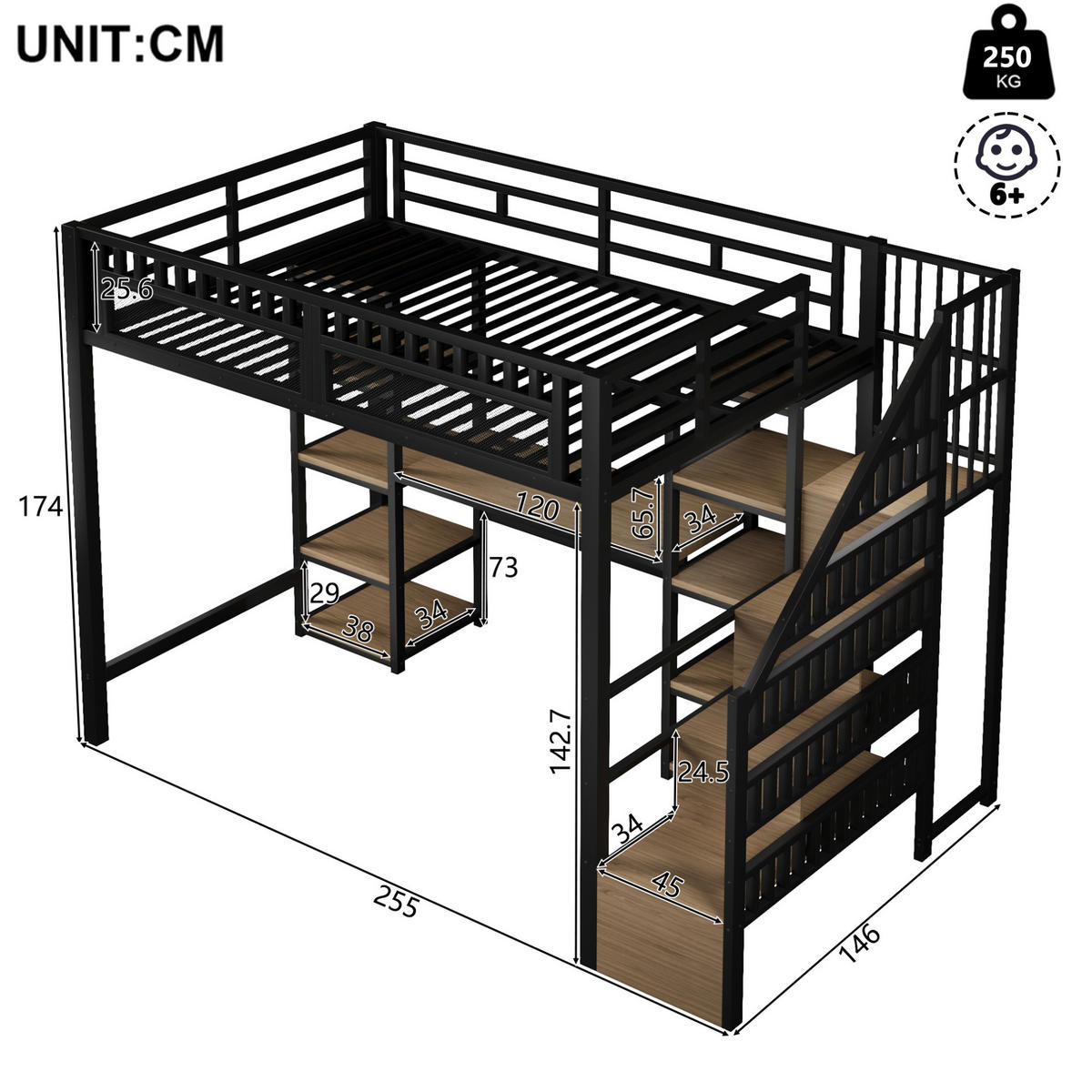 HOCHBETT mit Schreibtisch 140/200 cm in Schwarz – mit Stauraumleiter und LED - Schwarz, Metall (140/200cm) - BEAOK