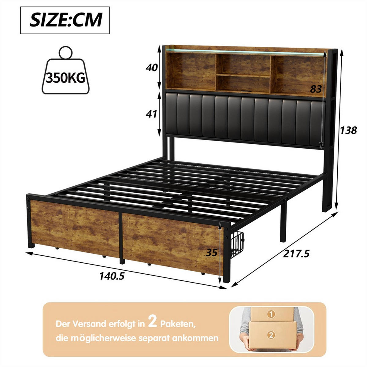 METALLBETT 140 x 200 cm mit 2 Schubladen - Kopfteil-Ablage mit LED-Beleuchtung und USB-Anschlüsse - Braun-Schwarz - Braun, Metall (140/200cm) - DELFA