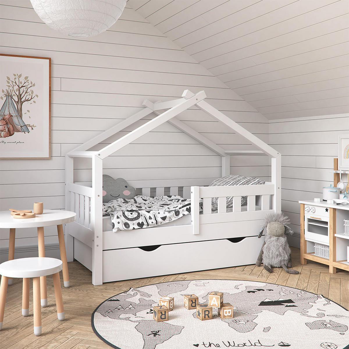 HAUSBETT Design Weiß 70x140 cm mit Schublade und Matratze - Weiß, Holz (70/140cm) - VitaliSpa