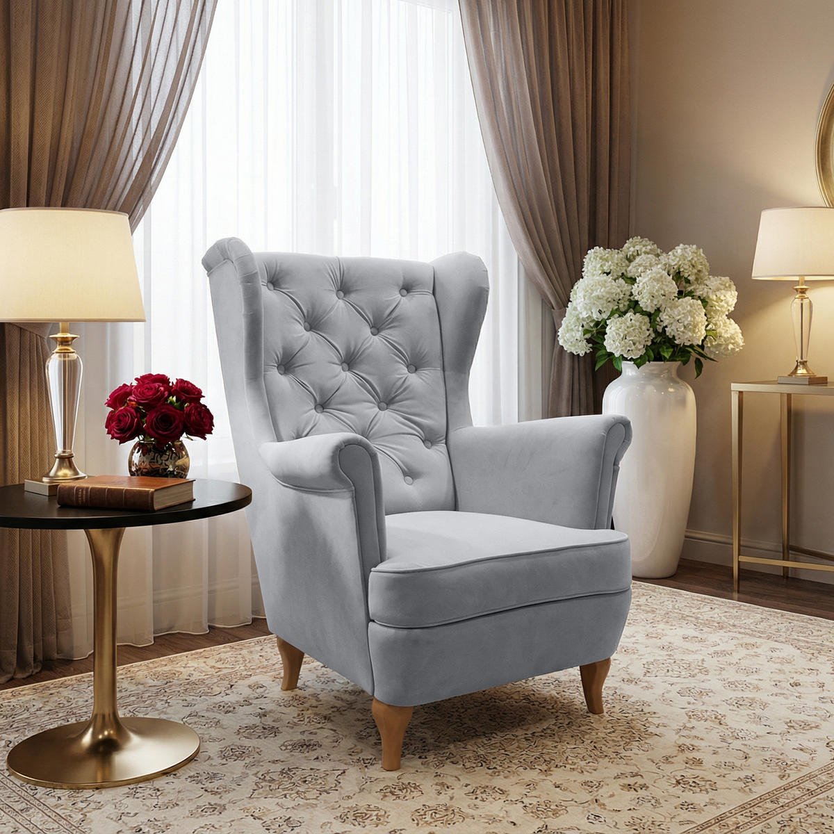 CHESTERFIELD-SESSEL Falco hellgrau mit Holzbeinen - Buchefarben/Hellgrau, Holz/Textil (82/102/92cm) - Beautysofa