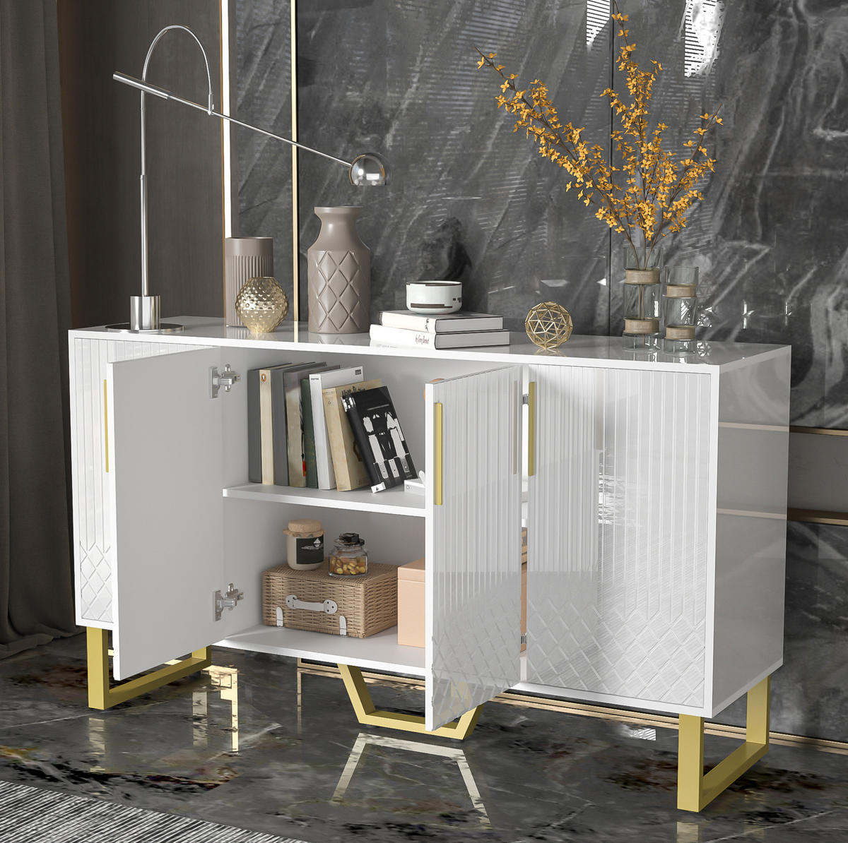 SIDEBOARD 140/40/80 cm Weiß aus MDF mit Hochglanzoptik - Weiß, Holzwerkstoff (140/80/40cm) - OKWISH