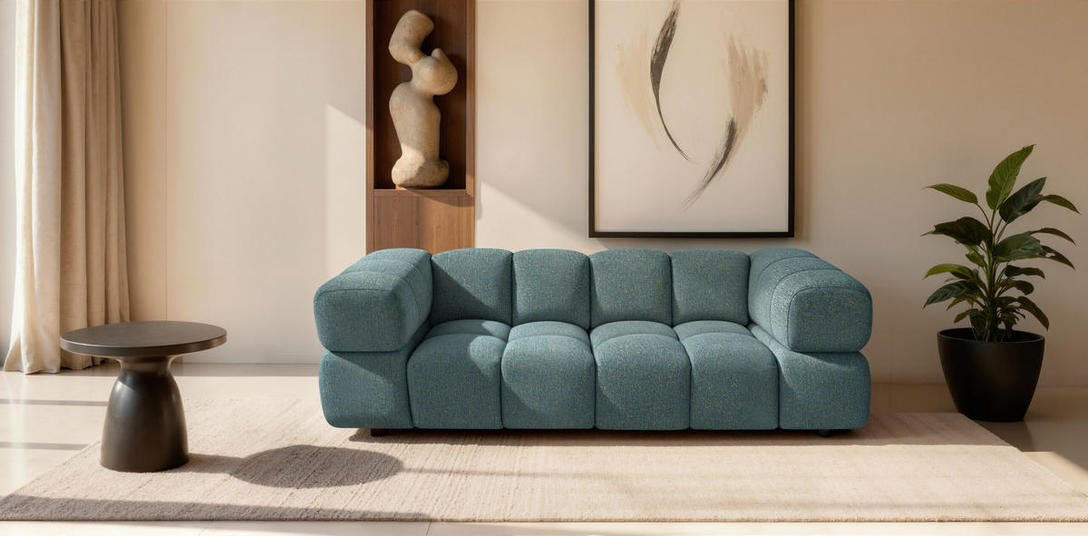 SOFA 3-Sitzer, Couch, Chenille Stoff Puente, Azurblau, Averro - Dunkelgrün, Holz (240/70/96cm) - Kaiser Möbel