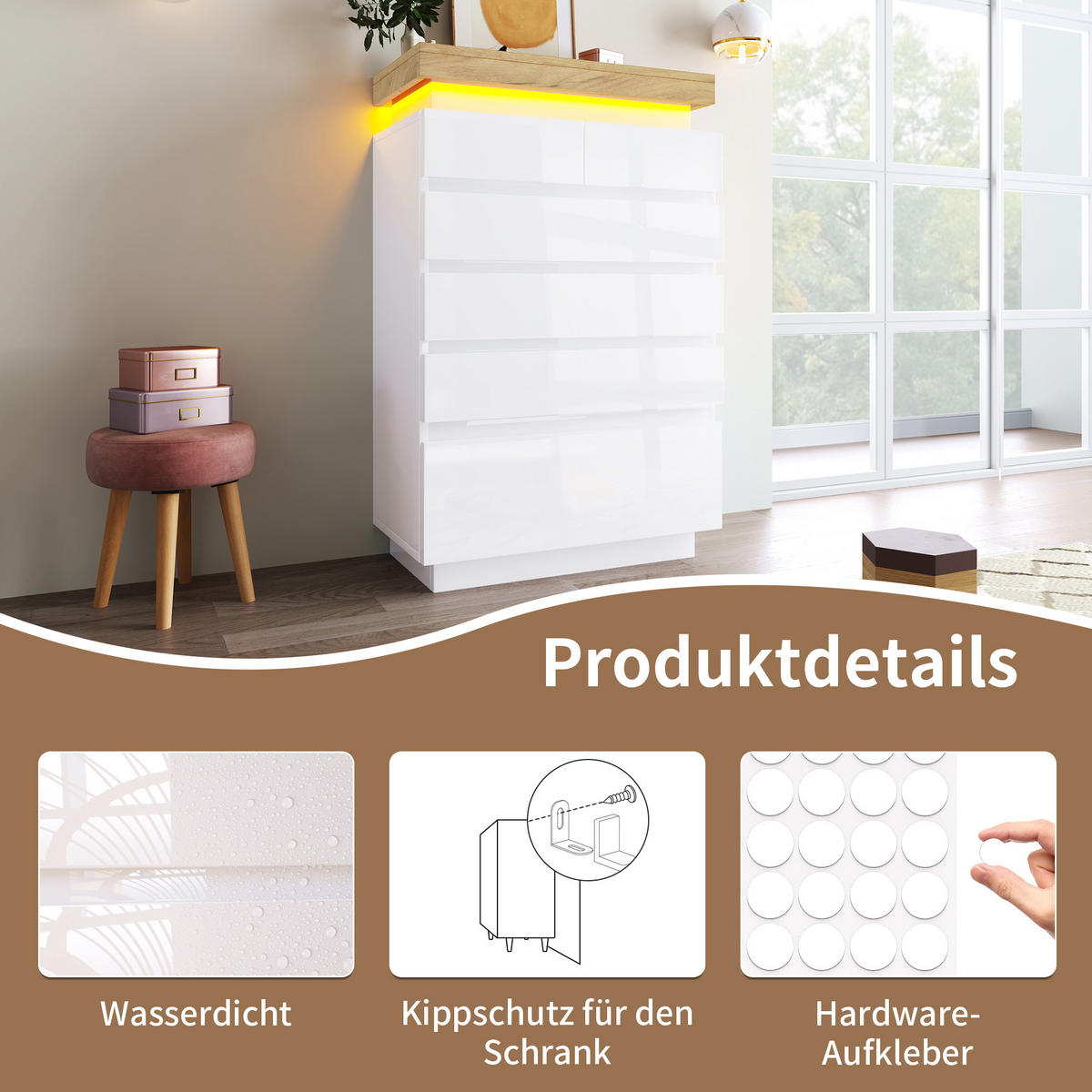 SIDEBOARD in Weiß Hochglanz Sideboard mit Schubladen und LED für Wohnzimmer und Schlafzimmer, B73/T39/H115 cm - Weiß, Holzwerkstoff (73/115/39cm) - STILVORA