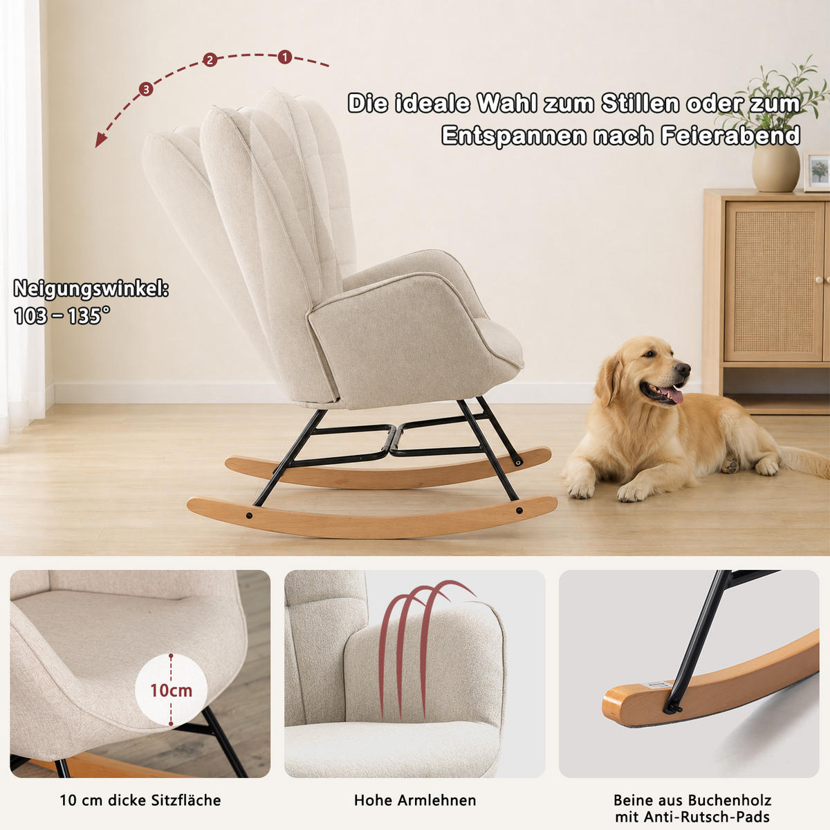SCHAUKELSTUHL 2er-Set, Skandinavischer Stoff-Schaukelstuhl mit Holz- und Metallgestell, Beige - Beige, Textil (68/98/85cm) - Meubles Cosy