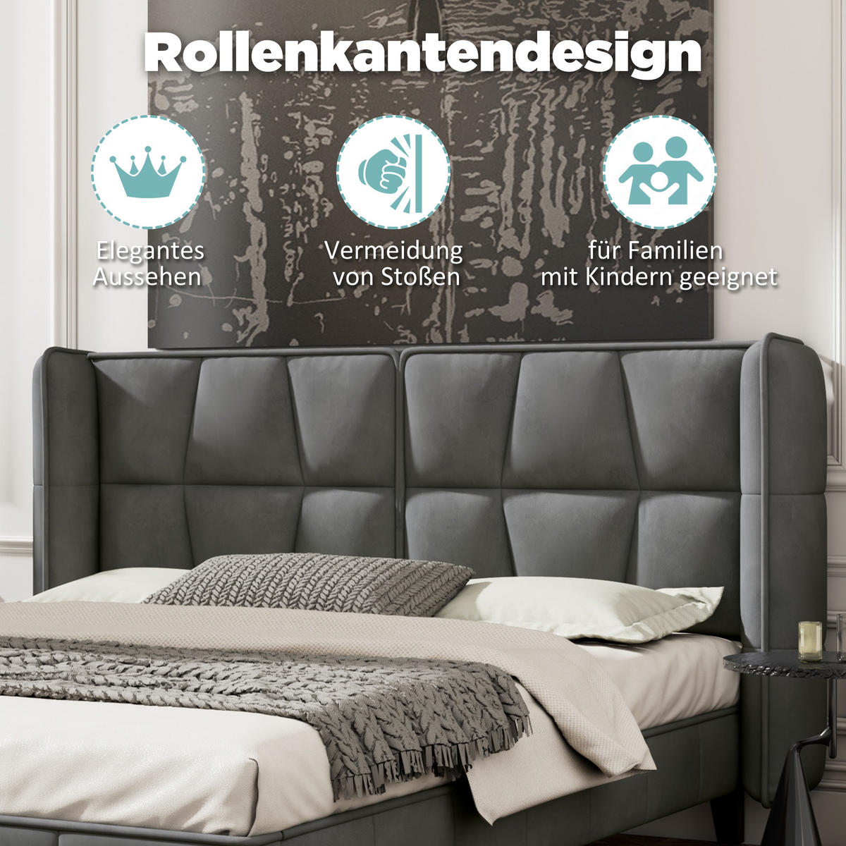 POLSTERBETT 140x200, Samt, Lattenrost, Grau - Grau, Textil (140/200cm)