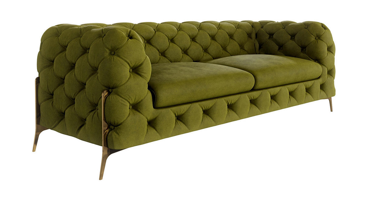 CHESTERFIELD-SOFA 3-Sitzer Lexi Olive Samt - Goldfarben/Olivgrün, Holz/Textil (225/75/100cm) - S-Style Möbel