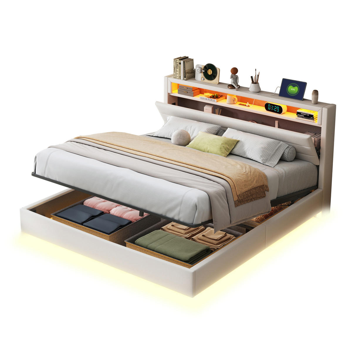 POLSTERBETT 160/200 cm Beige Hydraulisches Stauraumbett mit USB und LED-Beleuchtung - Beige, Textil (160/200cm) - OKWISH