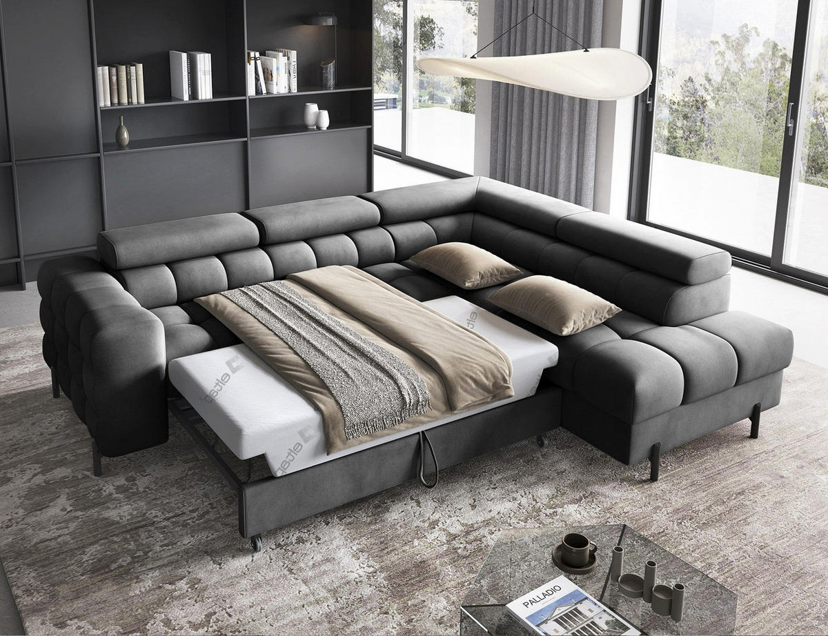 ECKSOFA FERUCCE L-Form – Polsterecke mit Schlaffunktion, Bettkasten & verstellbaren Kopfstützen 276 cm - Anthrazit, Kunststoff (276/200cm)