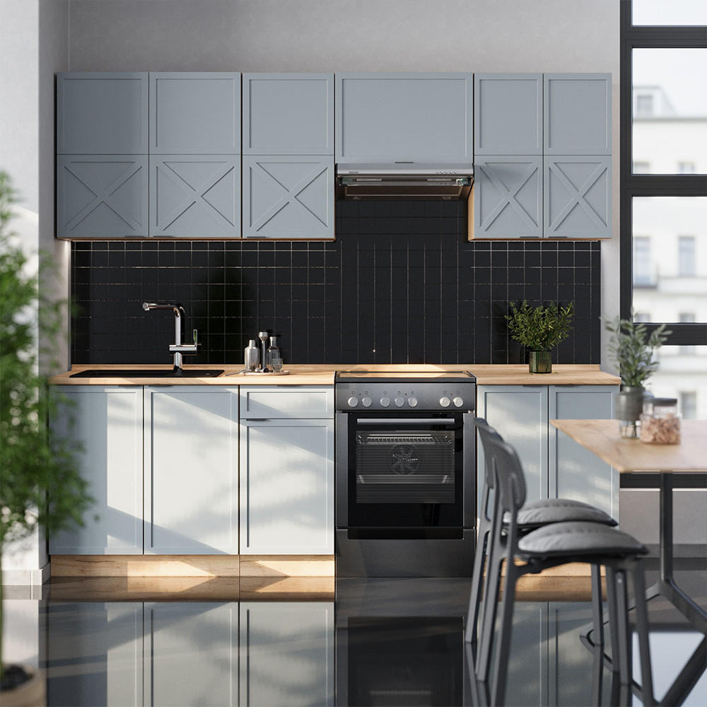 KÜCHENZEILE Fame-Line Hellblau-grau/Goldkraft Eiche 240 cm AP Marmor - Honigeiche/Blaugrau, Holzwerkstoff (240/81.6/60cm) - Vicco