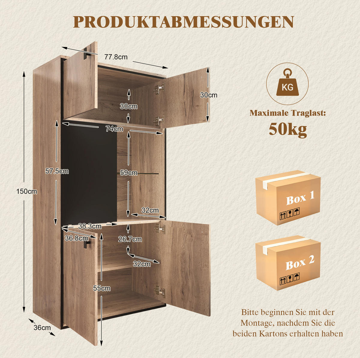 HIGHBOARD aus Holzwerkstoff 77,8/36/150 cm mit LED-Beleuchtung, Schiebetür und 3-Zonen-Stauraum, Naturfarben - Naturfarben, Holzwerkstoff (77.8/150/36cm) - Redom