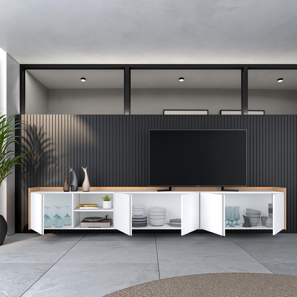 LOWBOARD, Weiß und Eiche, 309/35/50cm, Hängend - Weiß, Holzwerkstoff (309/50/35cm) - Skraut Home