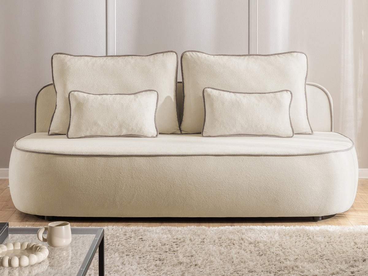 SCHLAFSOFA Vero im modernen und abgerundeten Design mit Bettkasten aus Beige Plüschstoff mit tauper Paspel - Beige/Schwarz, Holz/Kunststoff (210/90/98cm) - S-Style Möbel