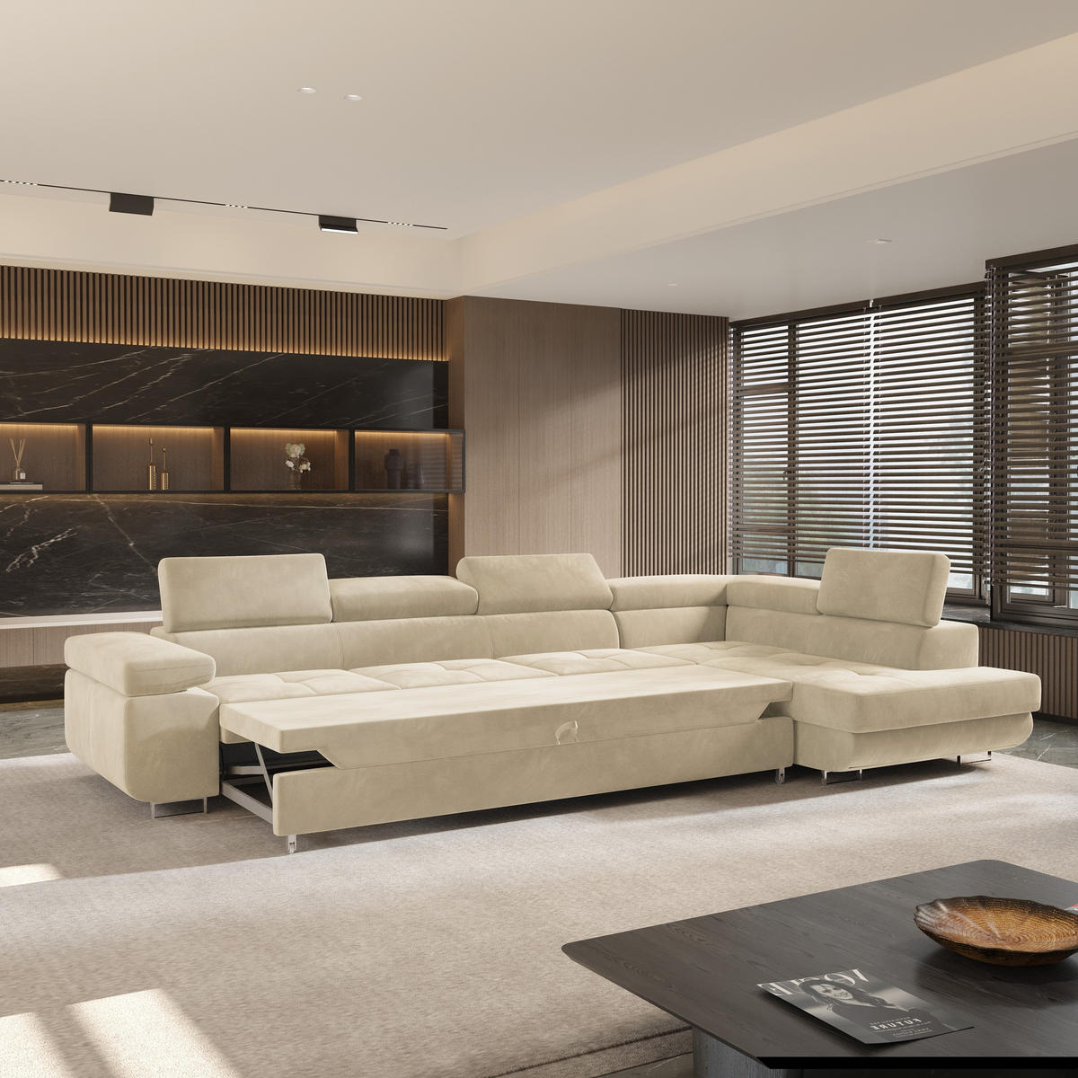 ECKSOFA VICENTE Creme Velours-Stoff mit Schlaffunktion - Creme, Holz (346/202cm) - MASSENO