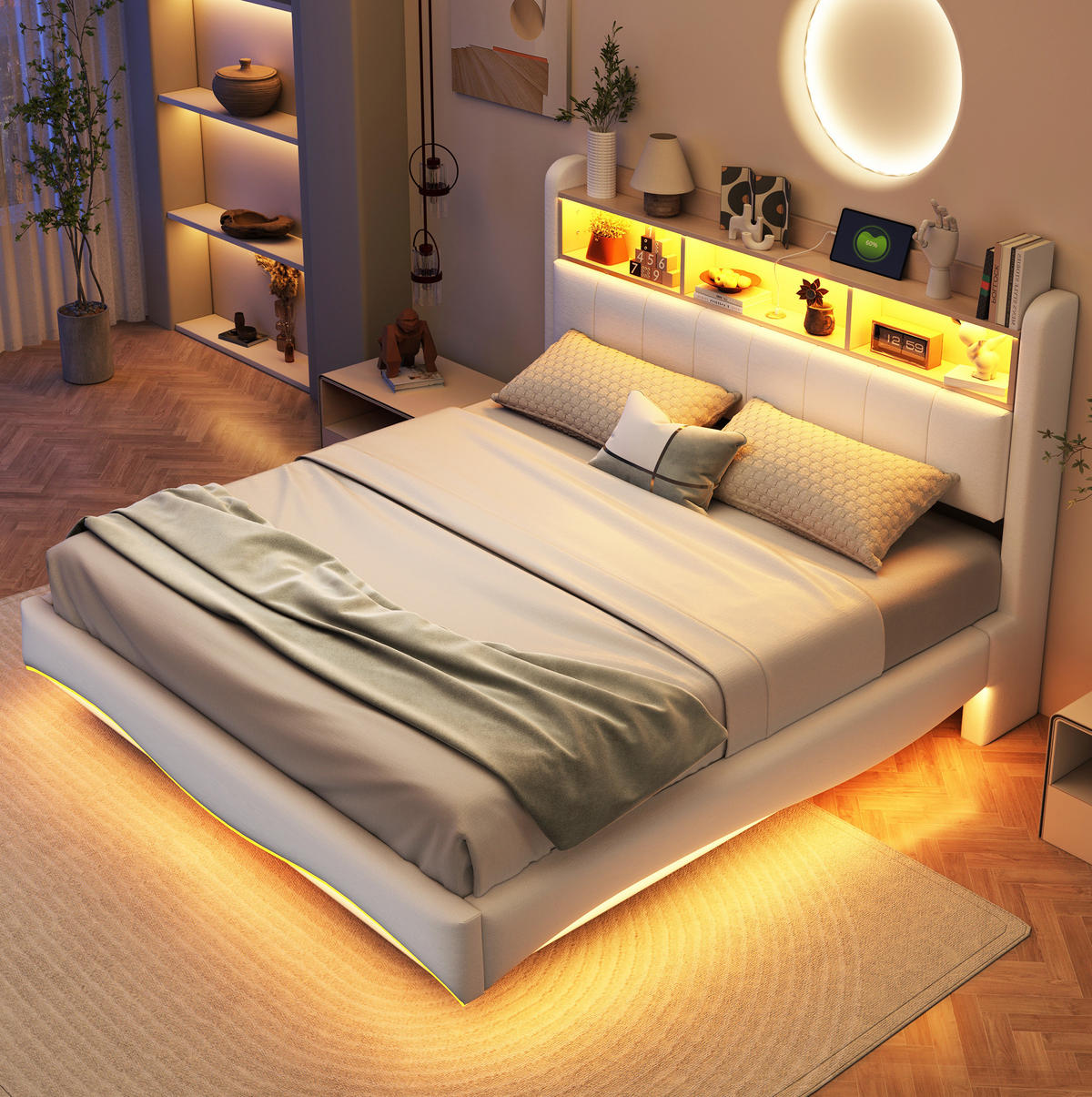 POLSTERBETT 160/200 cm aus Leinenstoff mit LED-Beleuchtung und USB- und Type-C-Anschlüssen beige - Beige, Textil (160/200cm) - OKWISH