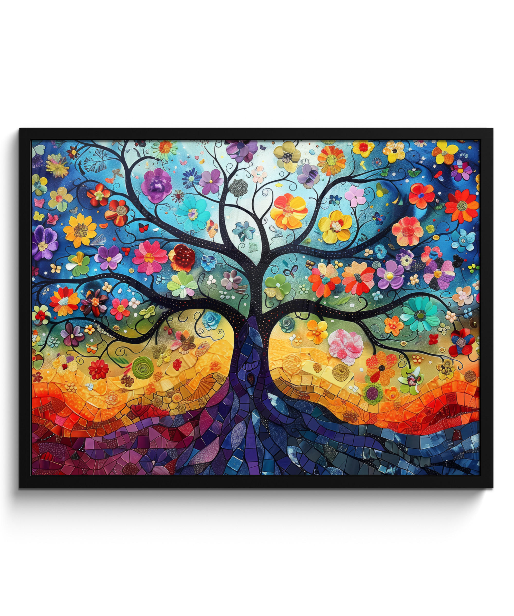 POSTER MIT RAHMEN Kunst - Baum des Lebens - Blumen - Hippie 80x60 cm - Dunkelblau, Papier (80/60cm) - MuchoWow