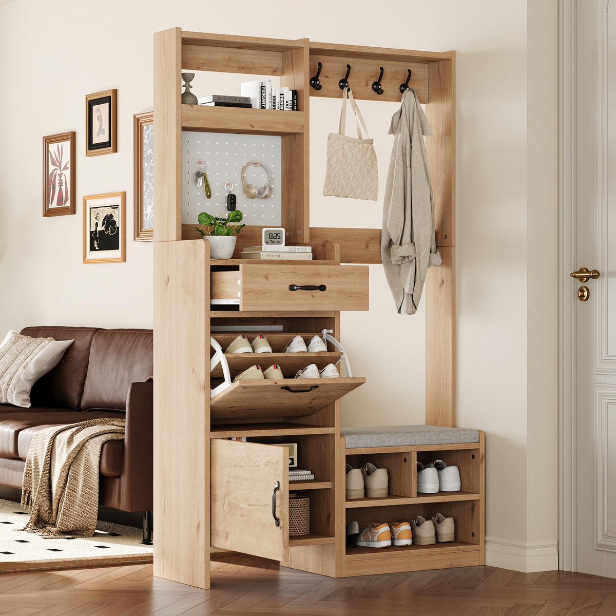 GARDEROBEN-SET mit Sitzbank 108,5 x 35 x 180 cm Natural+White 6-in-1 - Weiß, Holzwerkstoff (35/180/108.5cm) - Beauniv