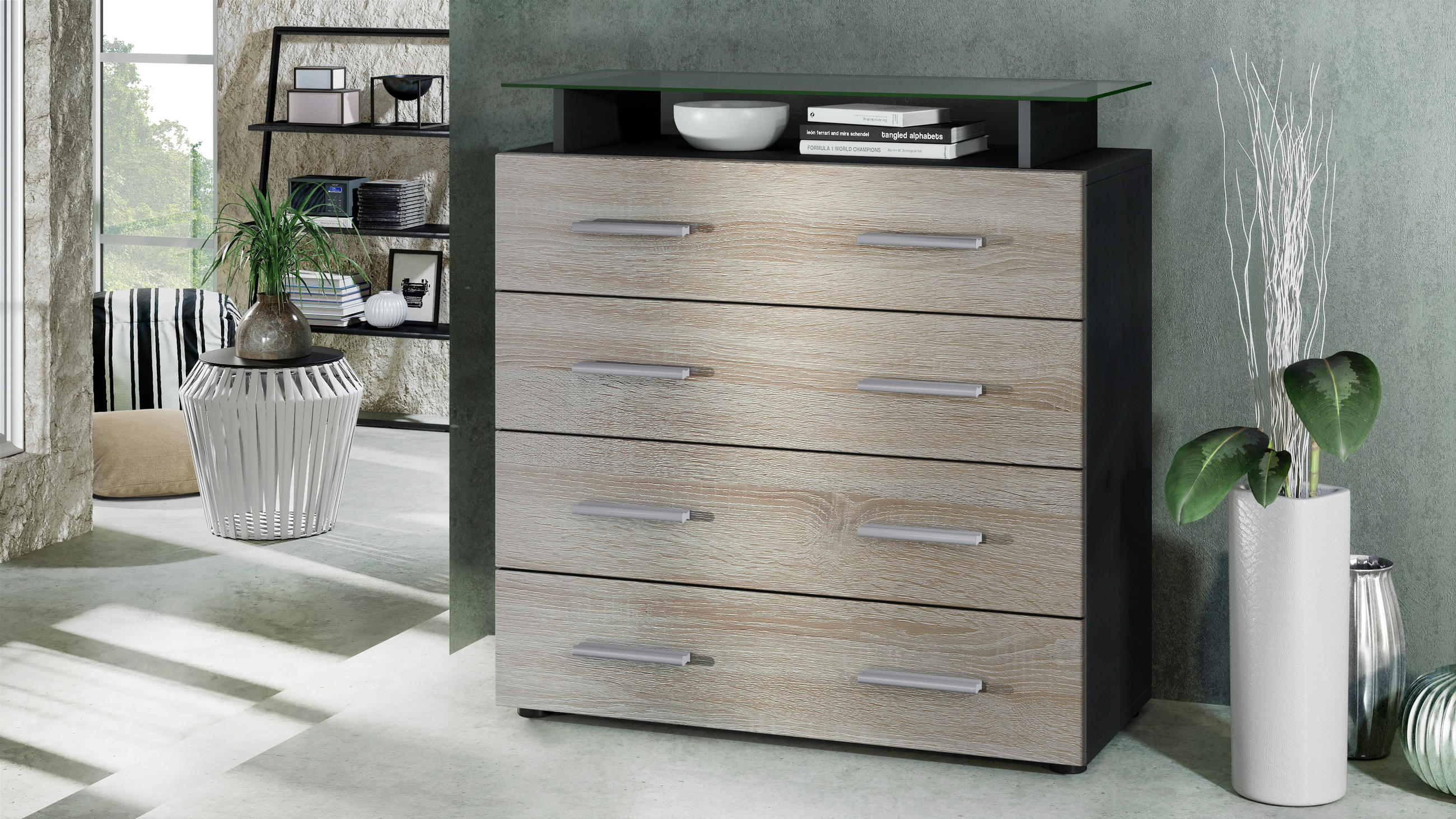 KOMMODE Pavos Eiche sägerau - Eiche San Remo, Holzwerkstoff (76/81/35cm) - Vladon