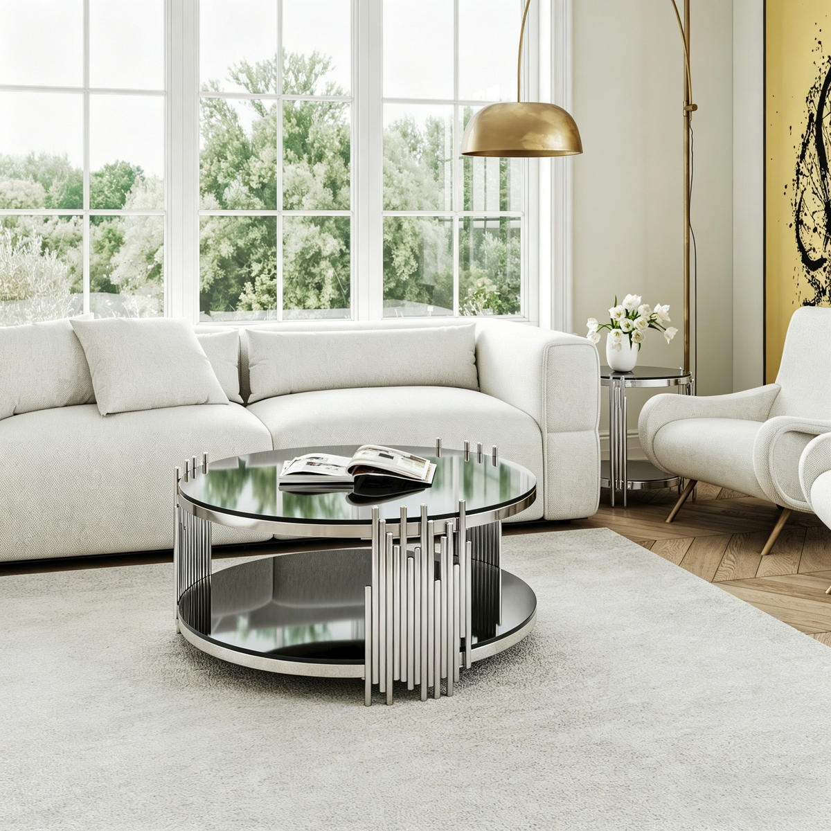 COUCHTISCH mit gehärteter Glasplatte 2 Ebenen Metallrahmen rund modern Standardgröße - Silberfarben/Schwarz, Glas/Holzwerkstoff (80/80/45cm) - EVRYAE