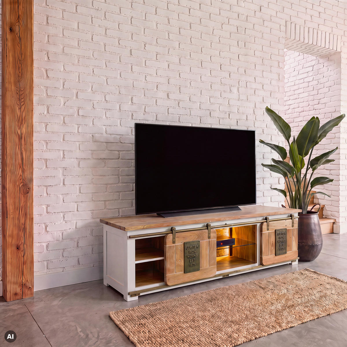 TV-BOARD Mango / Altholz 180x55x50 weiß lackiert RAILWAY LUX #530 - Weiß, Holz (180/50/55cm) - Massivmoebel24
