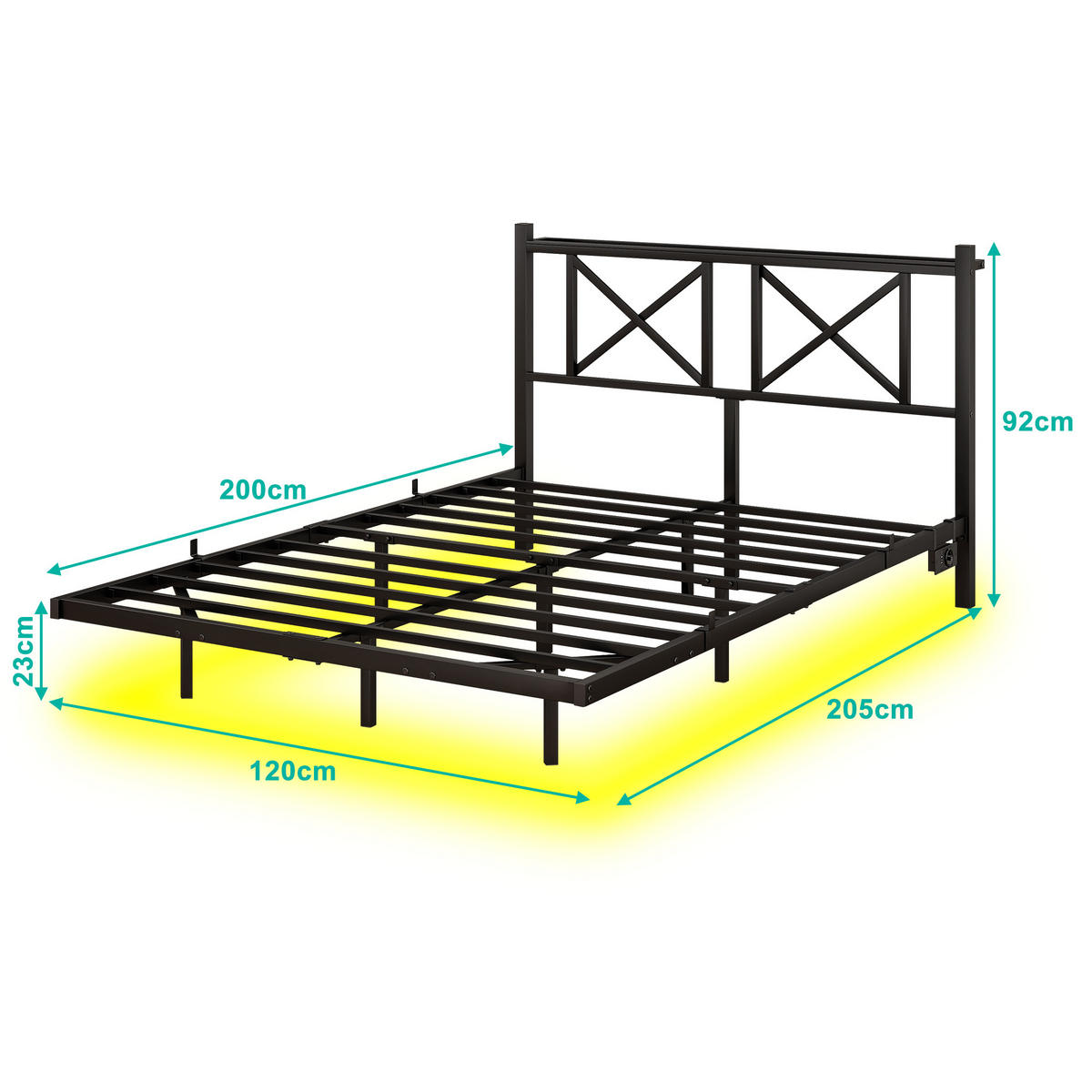 METALLBETT 120/200 cm in Schwarz mit LED, USB und Ablage - Schwarz, Metall (120/200cm) - WISHDOR