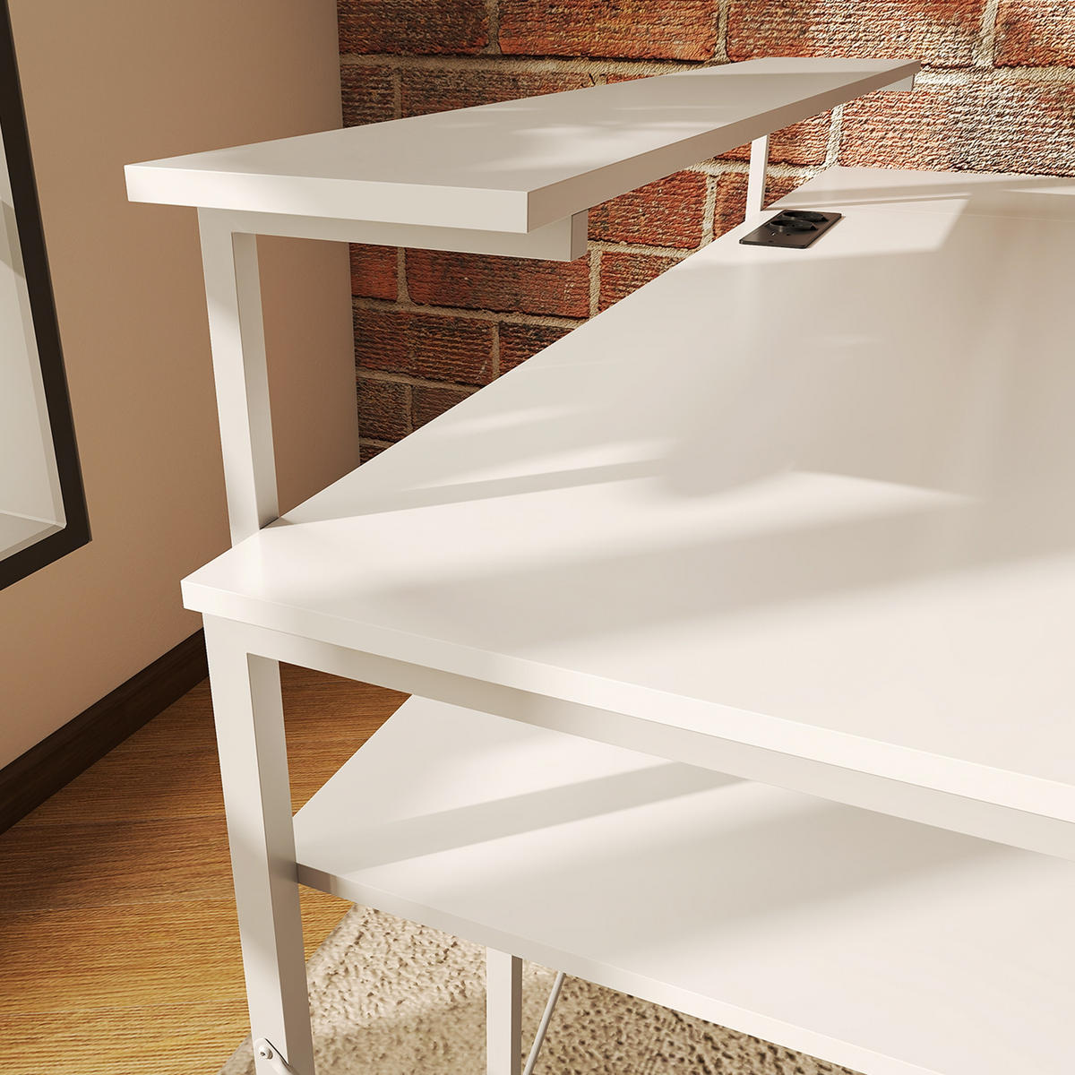 COMPUTERTISCH DE-09103 mit Ladestation, Monitorständer und Regalen Weiß - Weiß, Metall (137/140/139.5cm) - ComfortXL