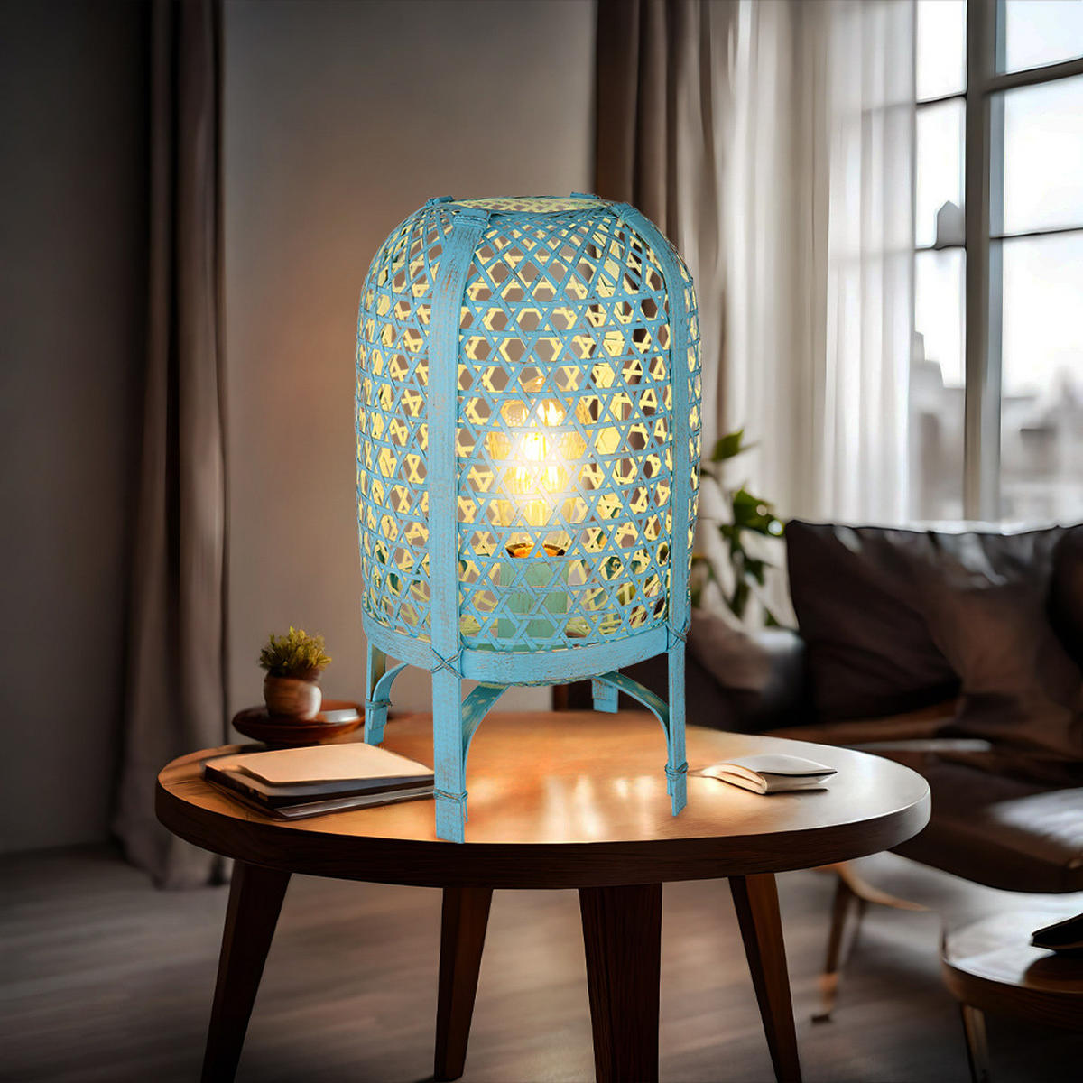 LED TISCHLEUCHTE Bambus Blau - Blau, Holz (22/22/37cm) - Globo Lighting