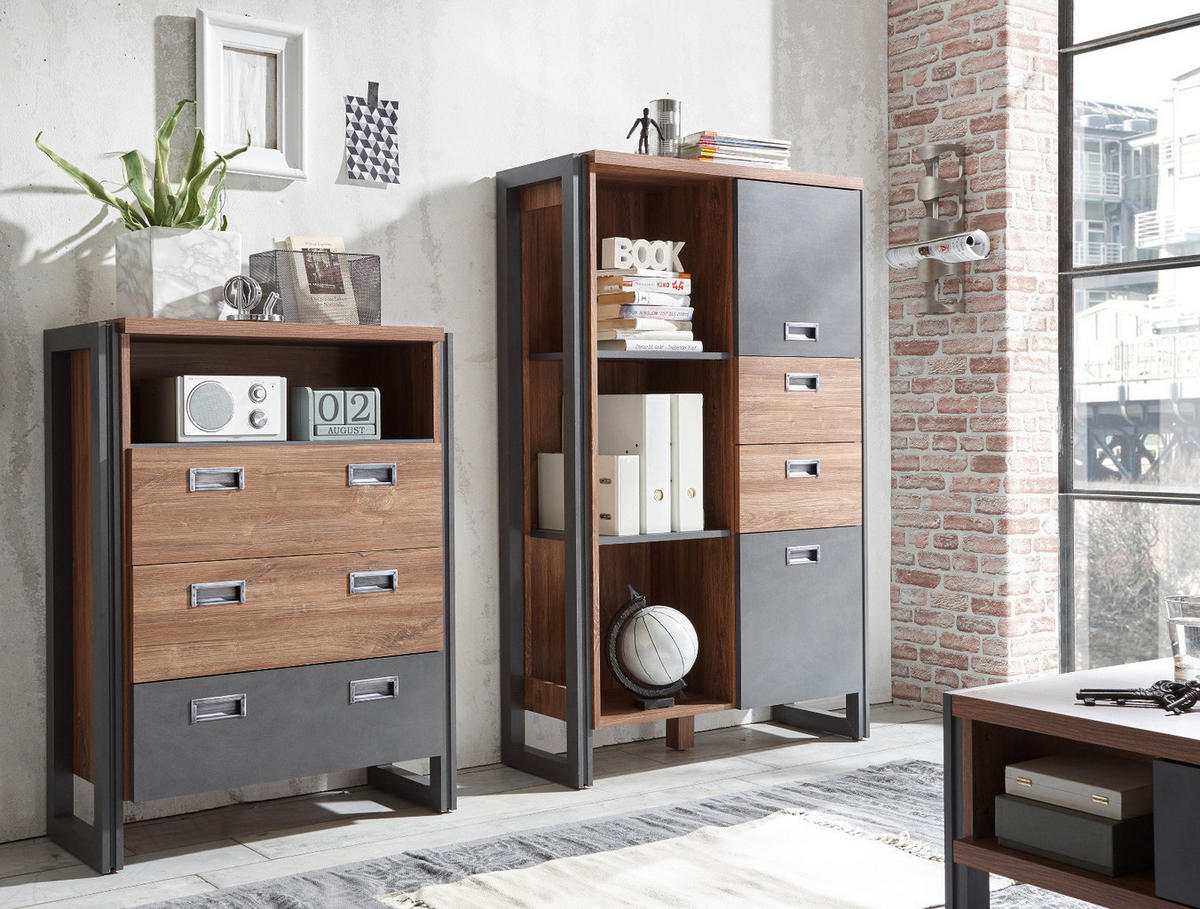 KOMMODE Eiche Stirling, Matera grau, Sideboard 75 x 100 cm Schubladenkommode - Eichefarben/Grau, Holzwerkstoff/Metall (75/100/33cm)