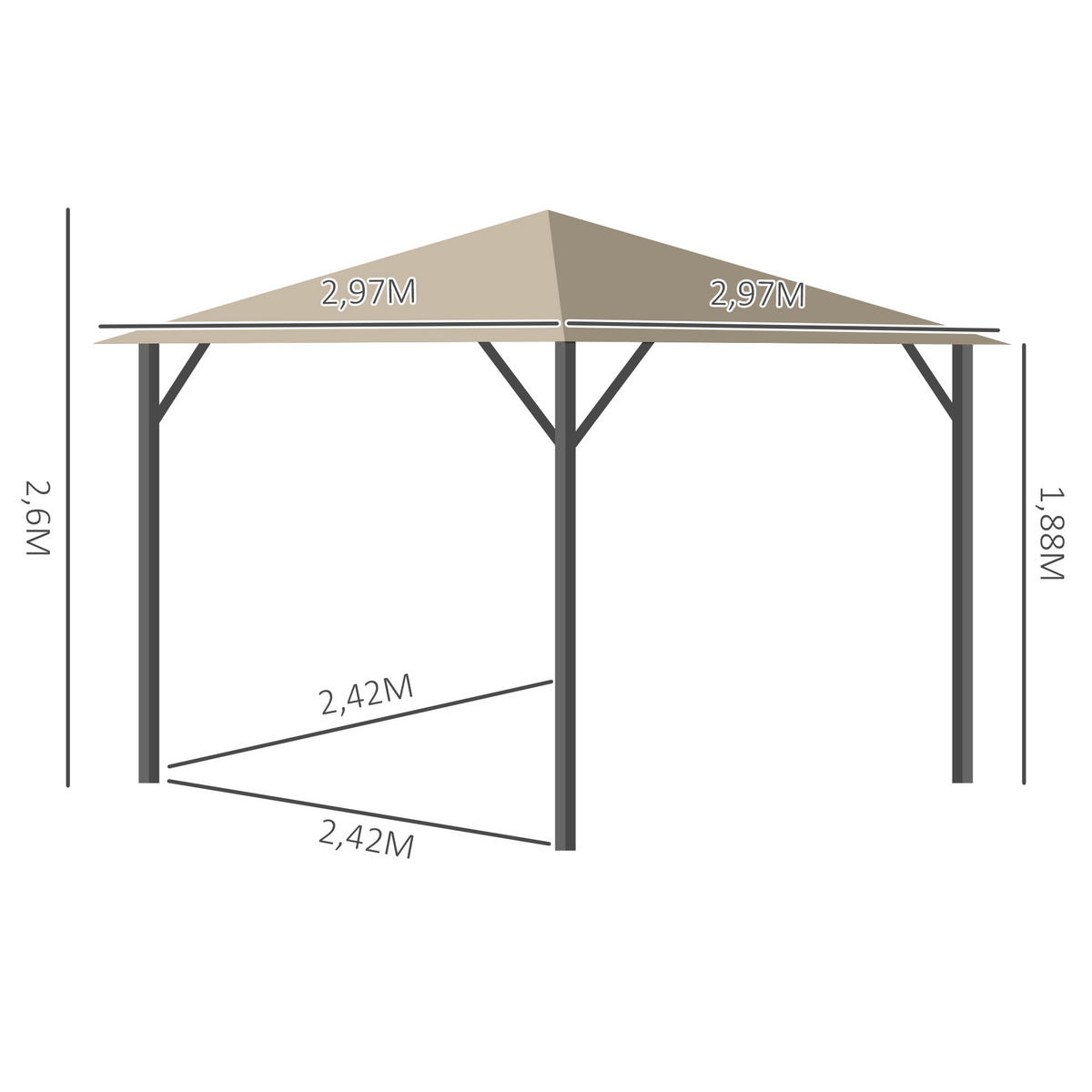 PAVILLON, Khaki, Aluminium, Stahl, Polyester - Braun, Metall (297/2.6/297cm) - Outsunny
