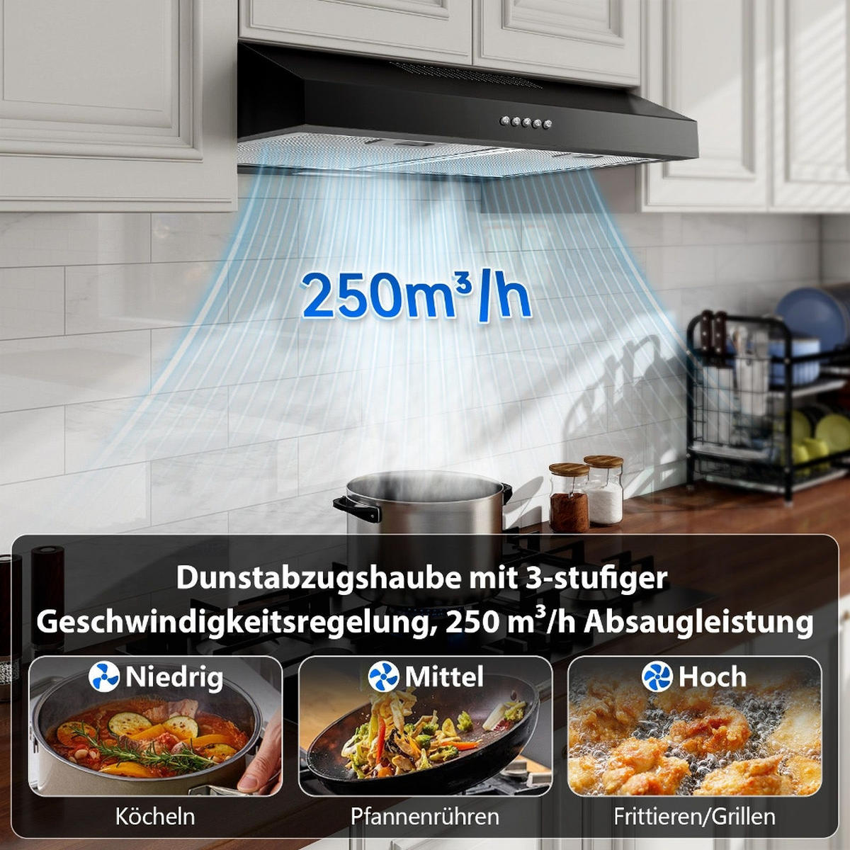 DUNSTABZUGSHAUBE Unterbau, ENERGIEEFFIZIENZKLASSE A+, 250 M³/h, Mit LED Beleuchtung, Edelstahl, Für Küchen, 60 Cm - Schwarz, Metall (14.02/49.02/64cm) - Rolipo