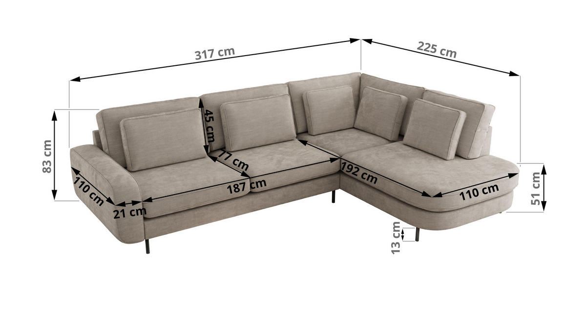 ROHOVÁ SEDAČKA CALENO L - Světle šedá Hrubě tkaná žinylka - Levá Strana - černá/světle šedá, kov/textil (317/225cm) - MKS