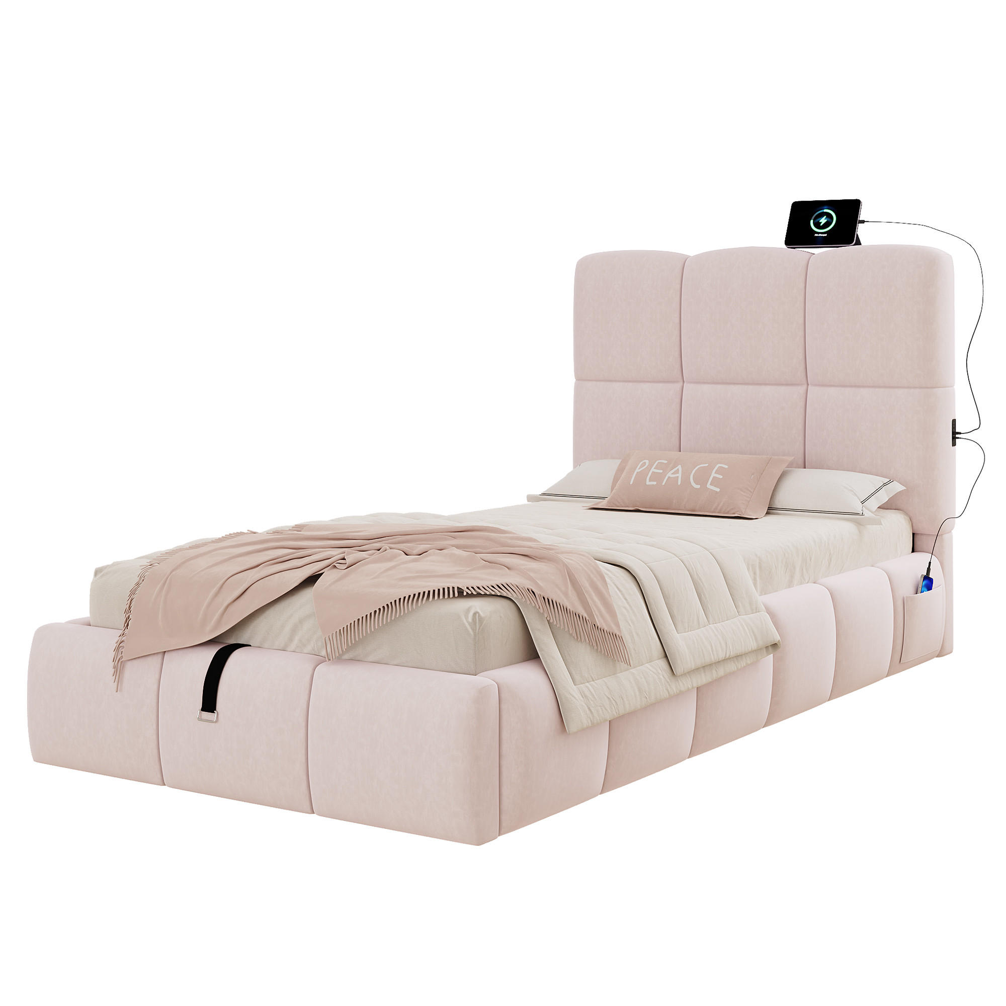 FLIEKS ČALOUNĚNÁ POSTEL 90x200 Růžová Samet USB Hydraulika