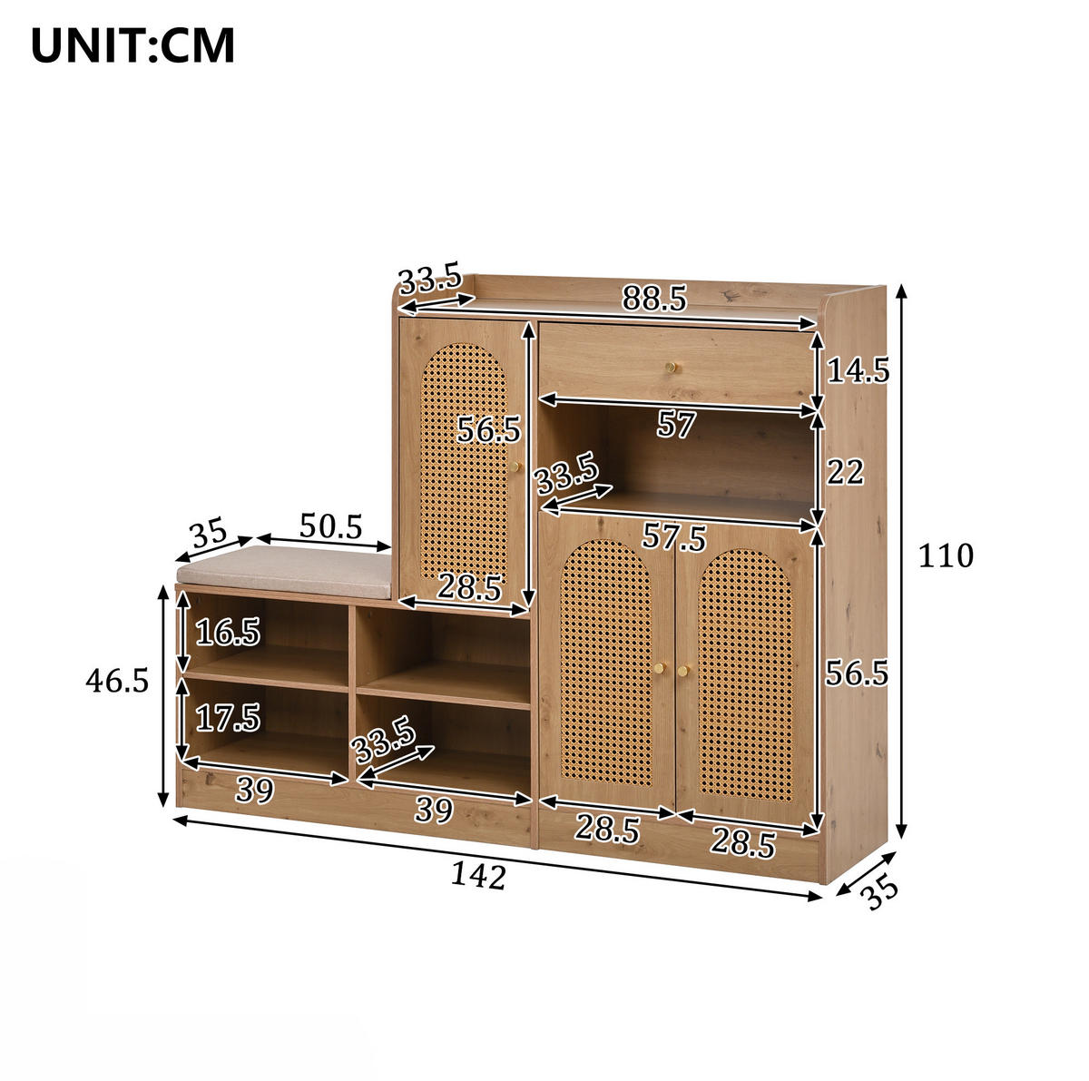 SCHUHSCHRANK 142/35/110 cm Natural aus Spanplatte mit Bank und Rattantüren - Naturfarben, Holzwerkstoff (142/110/35cm) - OKWISH