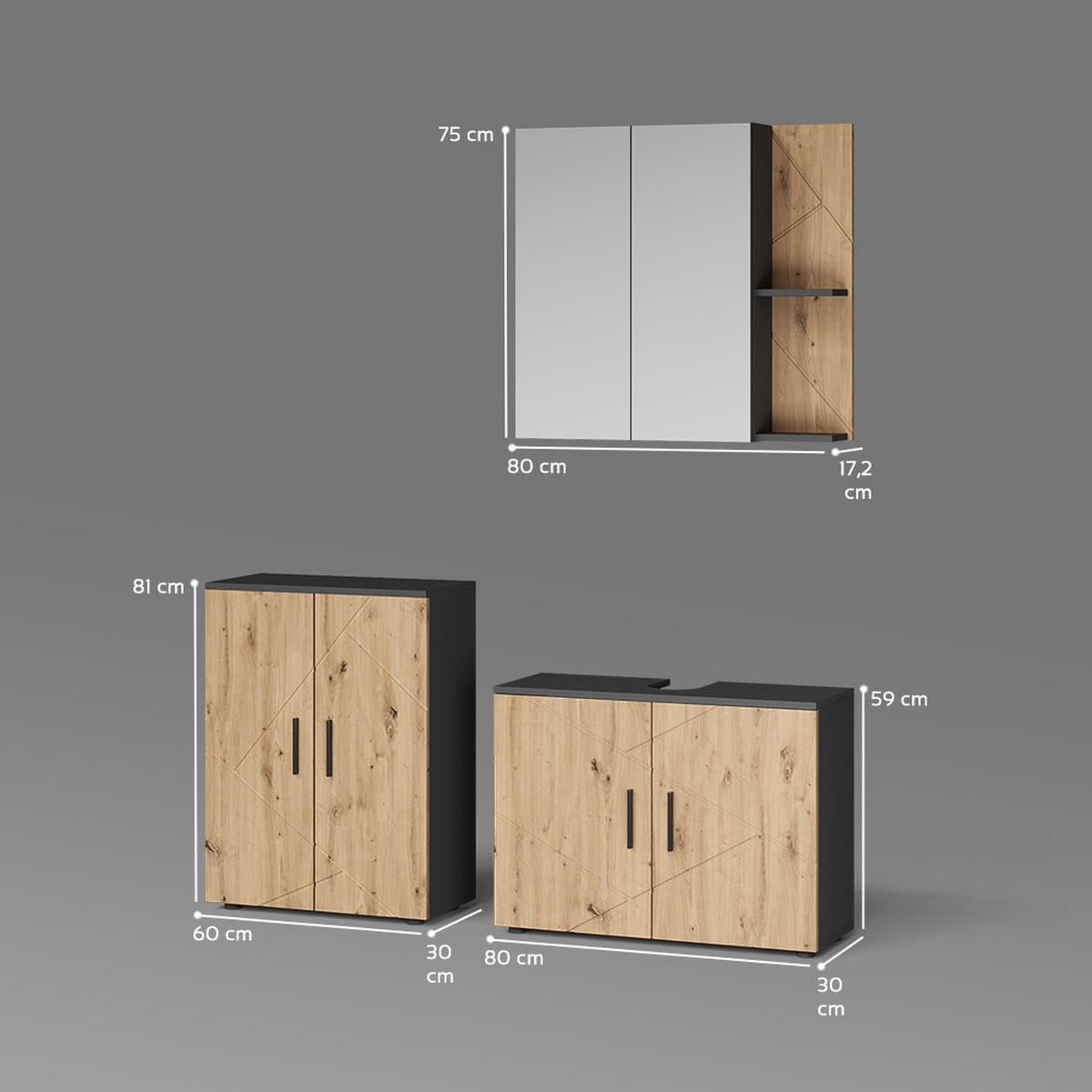 BADMÖBEL-SET Ronco, Anthrazit/Artisan-Eiche, 3-teilig - Anthrazit/Eiche Artisan, Holzwerkstoff (80/59/30cm) - Livinity®