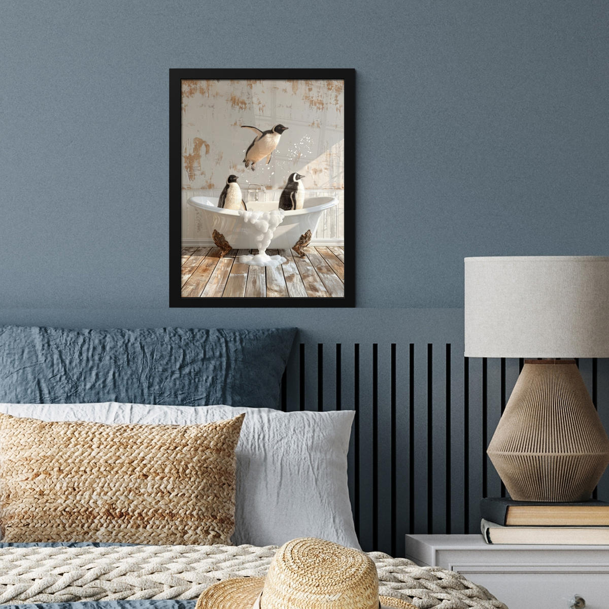 GERAHMTES BILD Vintage - Pinguin - Badewanne - Schaumstoff 30x40 cm - Schwarz, Papier (30/40cm) - MuchoWow