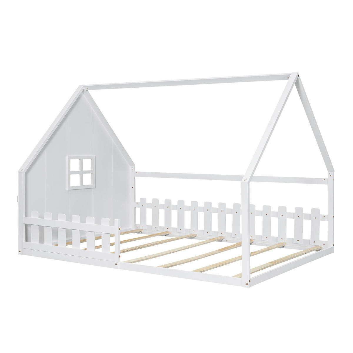 FLACHBETT 140/200 cm Kinderbett mit Hausleiste aus Kiefernholz in Weiß - Weiß, Holz (140/200cm) - OKWISH