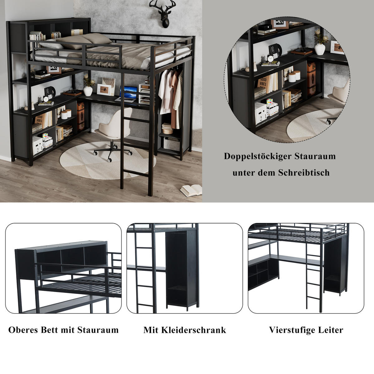 HOCHBETT 140/200 cm Schwarz aus Eisen und Spanplatte mit Schreibtisch und Kleiderschrank - Schwarz, Metall (90/200cm) - OKMYHOME