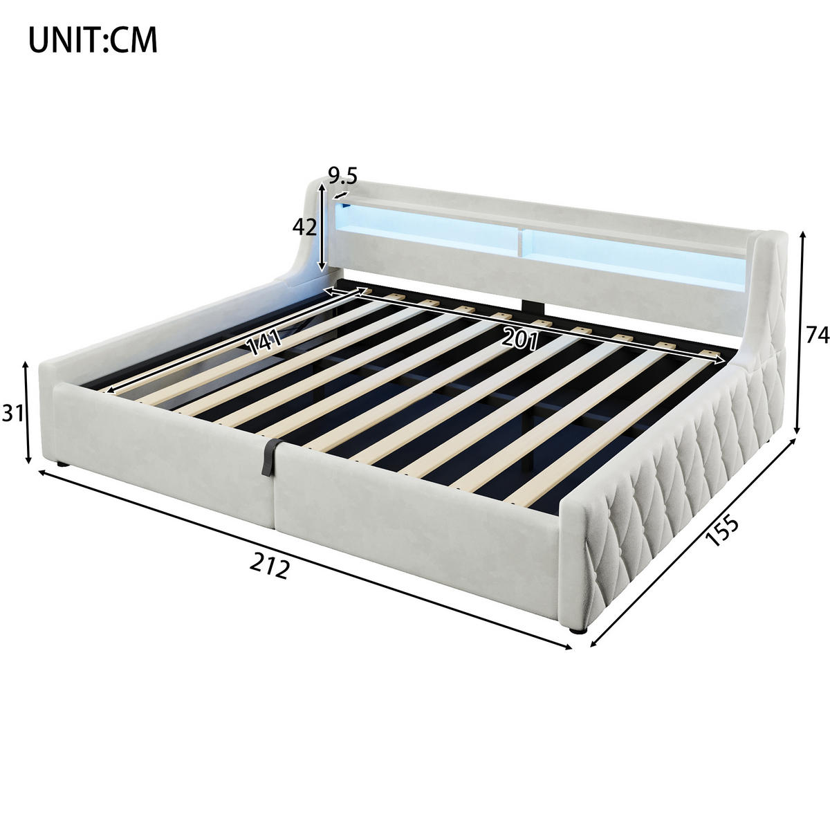 POLSTERBETT 140/200 cm in Off White Flanell mit Bettkasten und LED - Beige, Holzwerkstoff/Textil (140/200cm) - WISHDOR