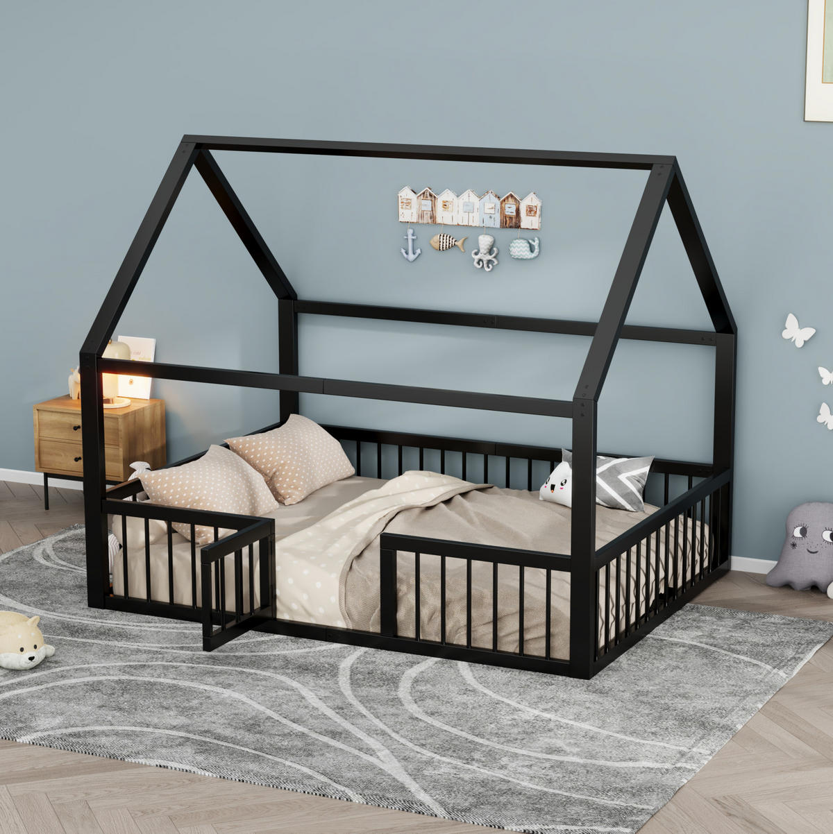 KINDERBETT 140/200 cm in Hausform aus Metall mit Sicherheitsgeländer Schwarz - Schwarz, Metall (140/200cm) - BEAOK