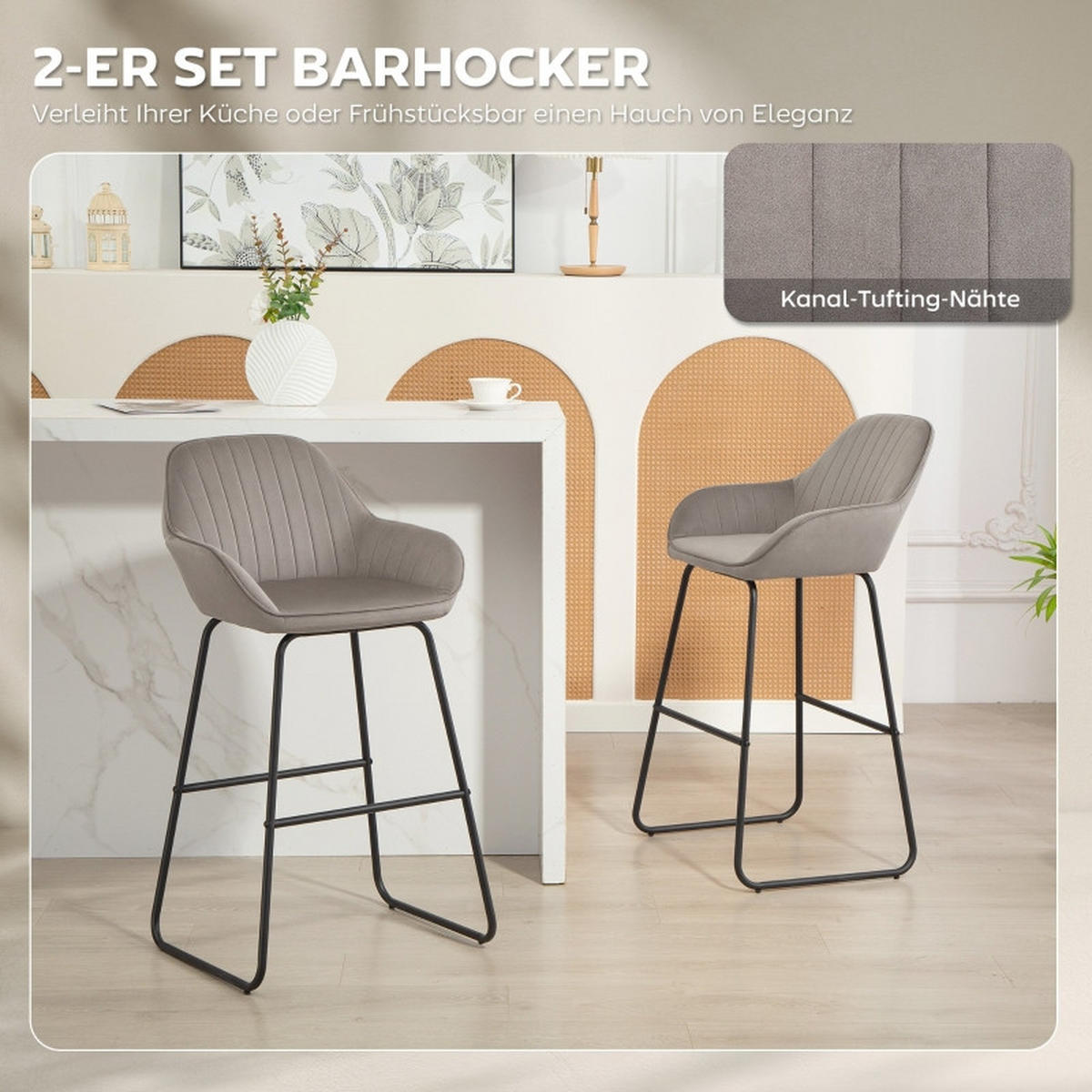 BARHOCKER DE-36038 2er Set mit Stoffbezug Grau - Grau, Metall (50.5/96/53cm) - ComfortXL