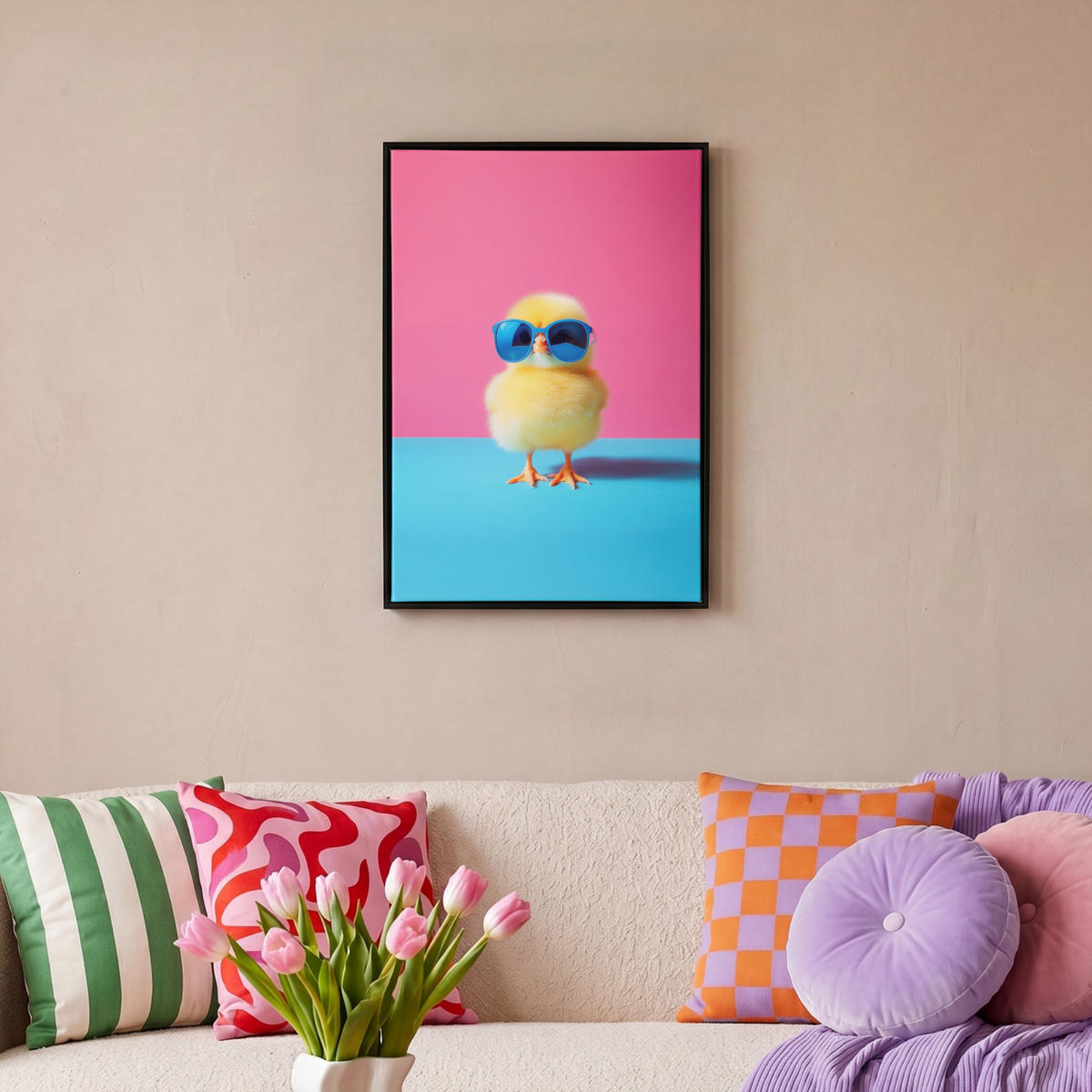 LEINWAND Bilder mit Rahmen - Chick - Sonnenbrille - Blau - 40x60 - Pink, Textil (40/60cm) - MuchoWow