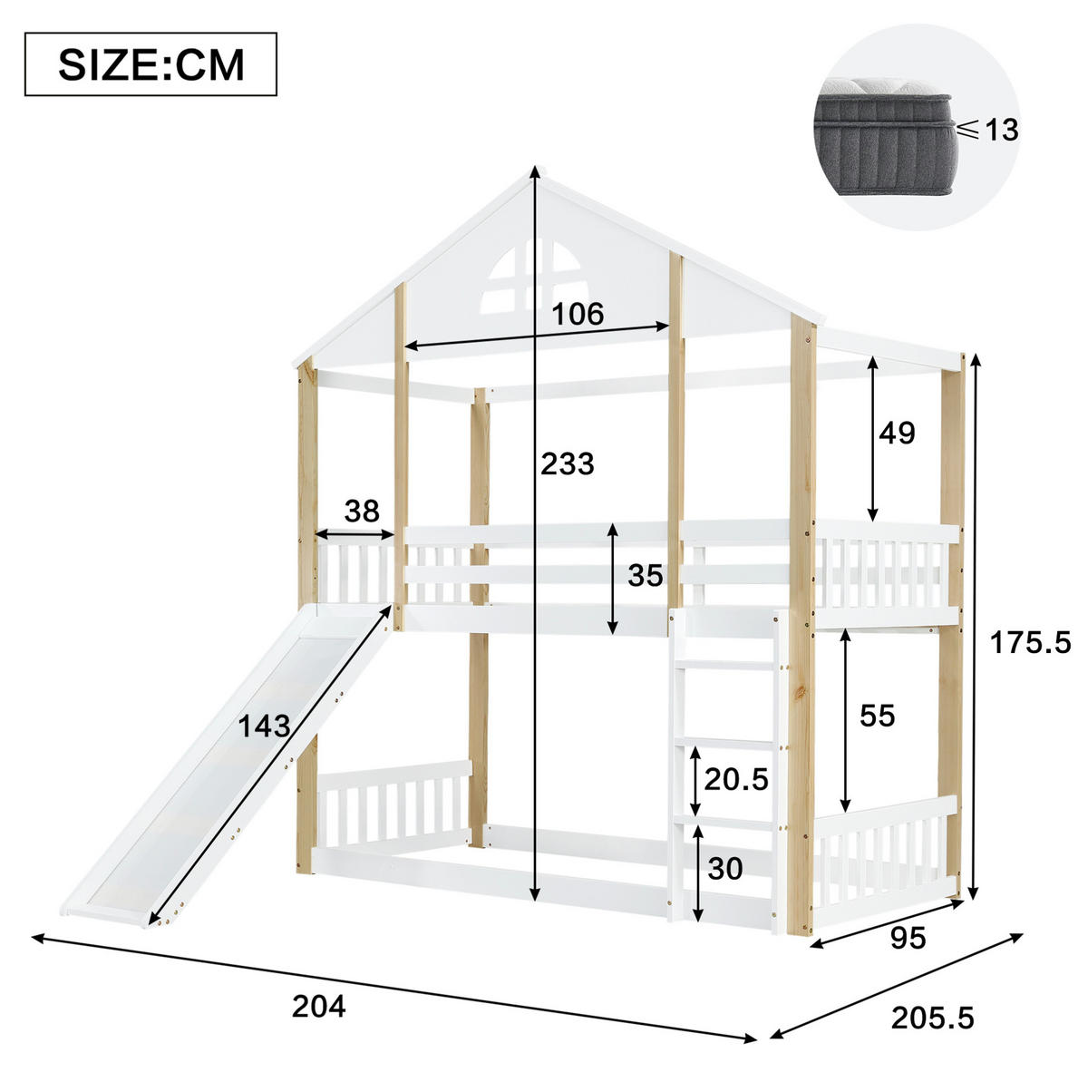 ETAGENBETT aus MDF 90x200 cm Weiß/Natur mit Rutsche, Winkeltreppe und Haus-Design - Weiß, Holzwerkstoff (90/200cm) - Modfu